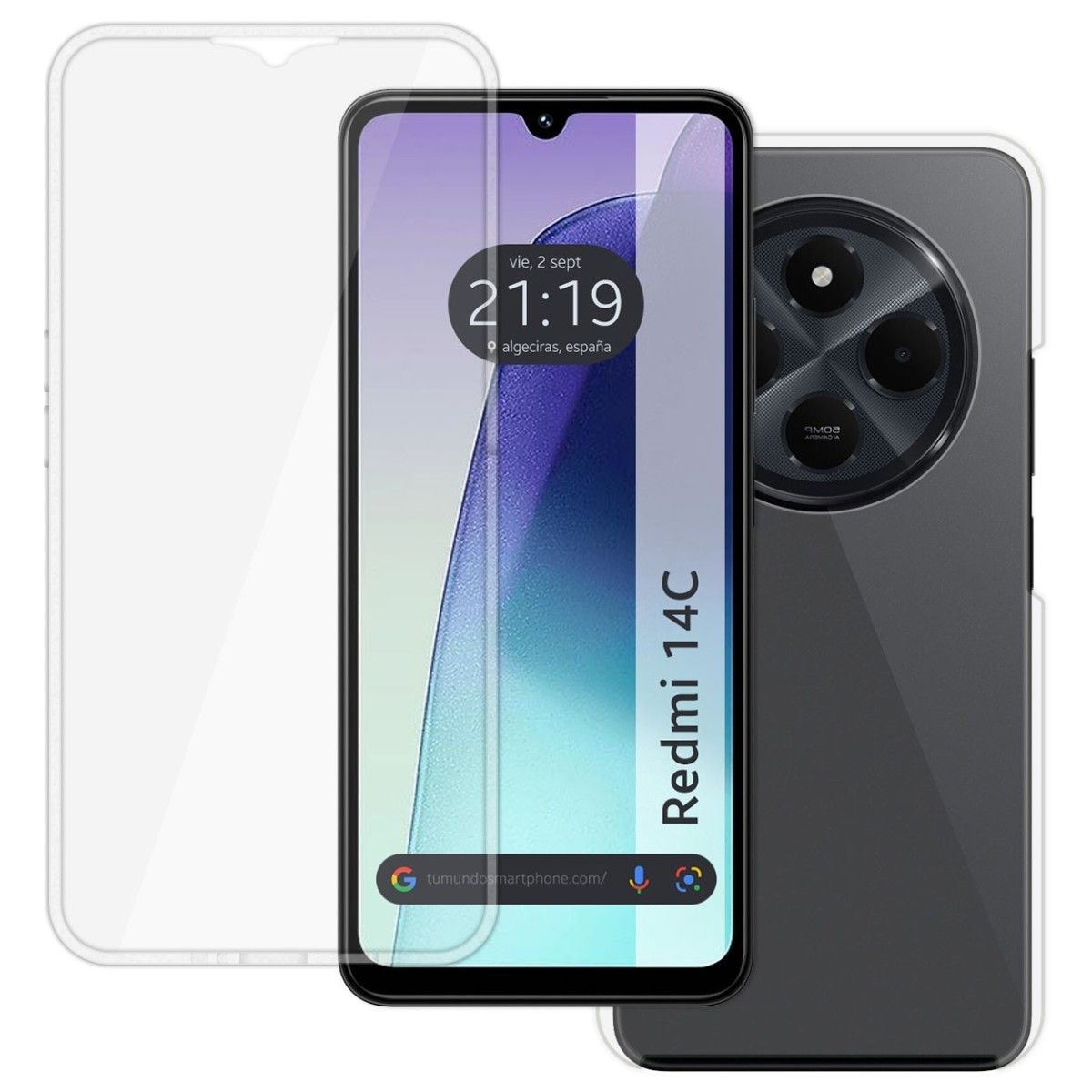 Smartphone con protezione schermo, mostra ora e data, e il retro del telefono.