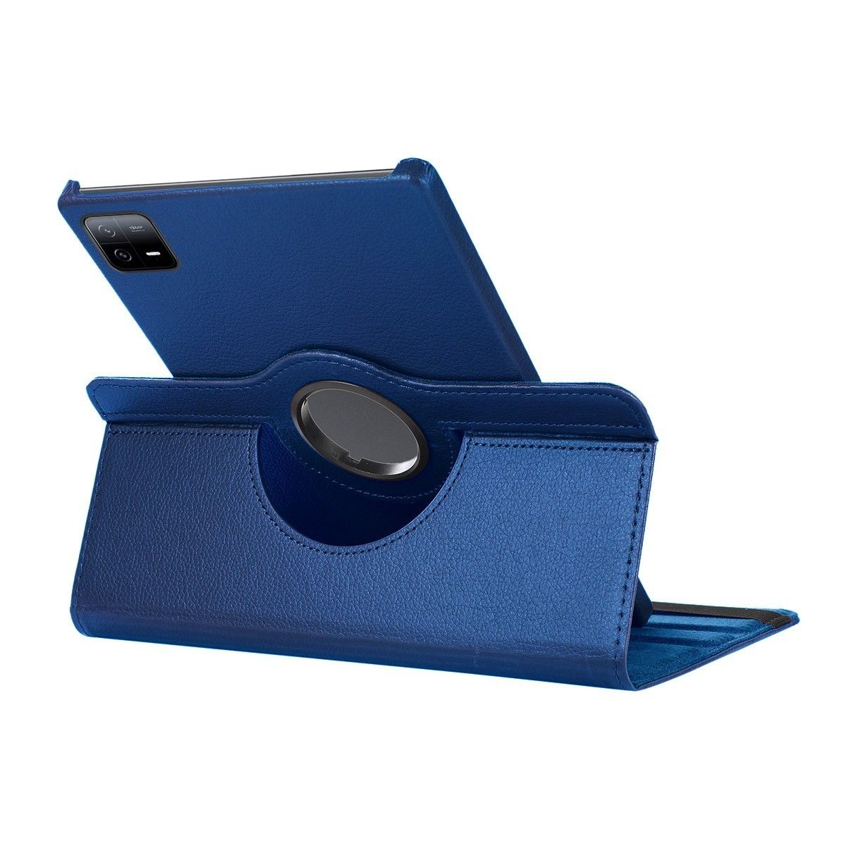 Tableta azul en una funda de cuero azul. La funda se puede colocar de pie. Anillo plateado en la parte trasera.