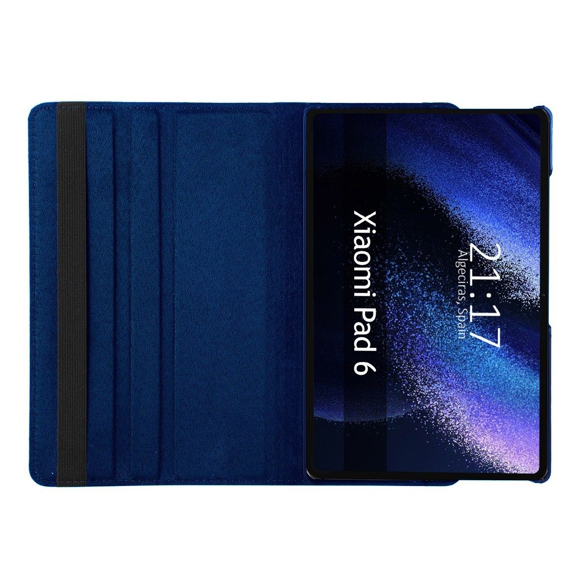 Funda de tableta azul con una tableta dentro. La pantalla muestra la hora y la fecha.