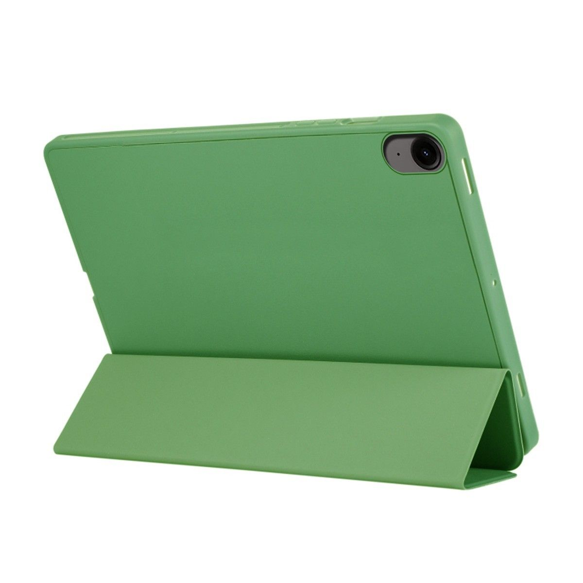 Tableta verde en una funda verde que está en ángulo para sostenerse. Fondo blanco.