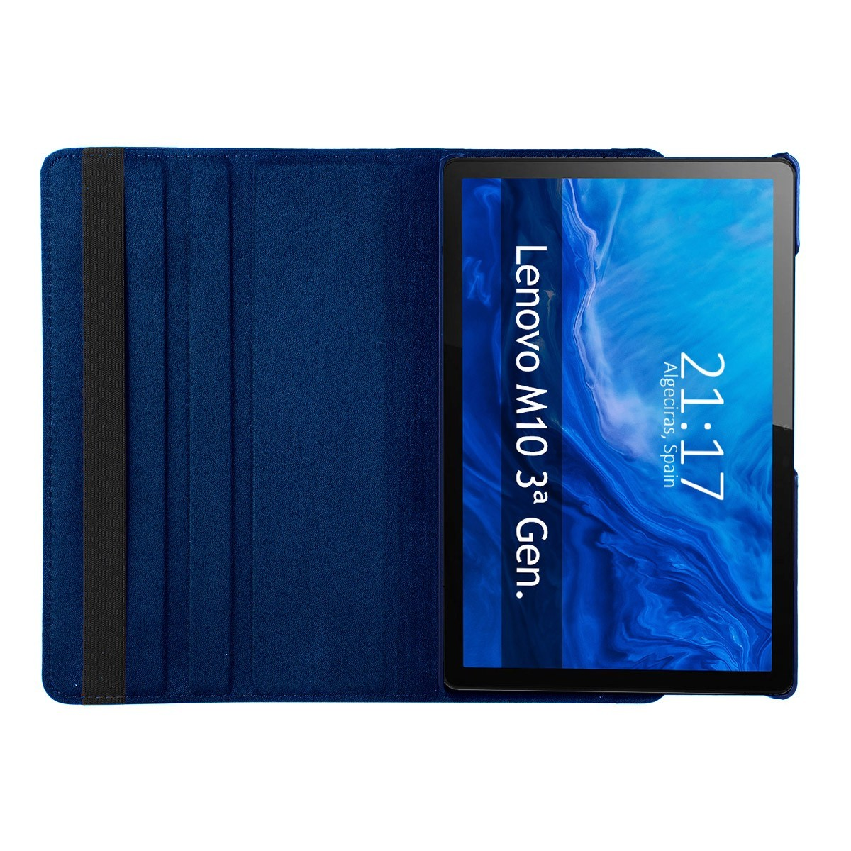 Una tableta en una funda azul, mostrando una pantalla con la hora y texto.