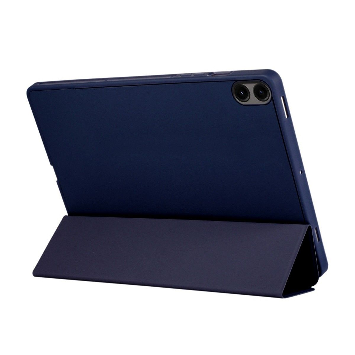 Una tableta azul marino con funda. La tableta está en un soporte, mostrando su parte trasera y cámara dual.