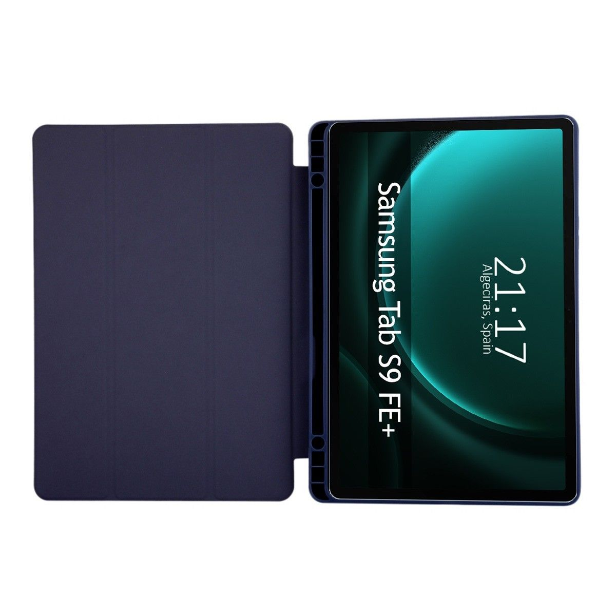 Tableta en una funda azul, mostrando la pantalla. La pantalla muestra texto y un gráfico, la funda está abierta.