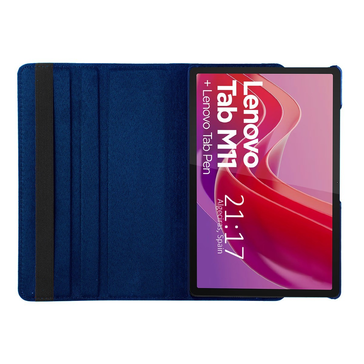 Funda azul para tableta con tableta que muestra texto y fondo rojo y blanco. Muestra la hora.