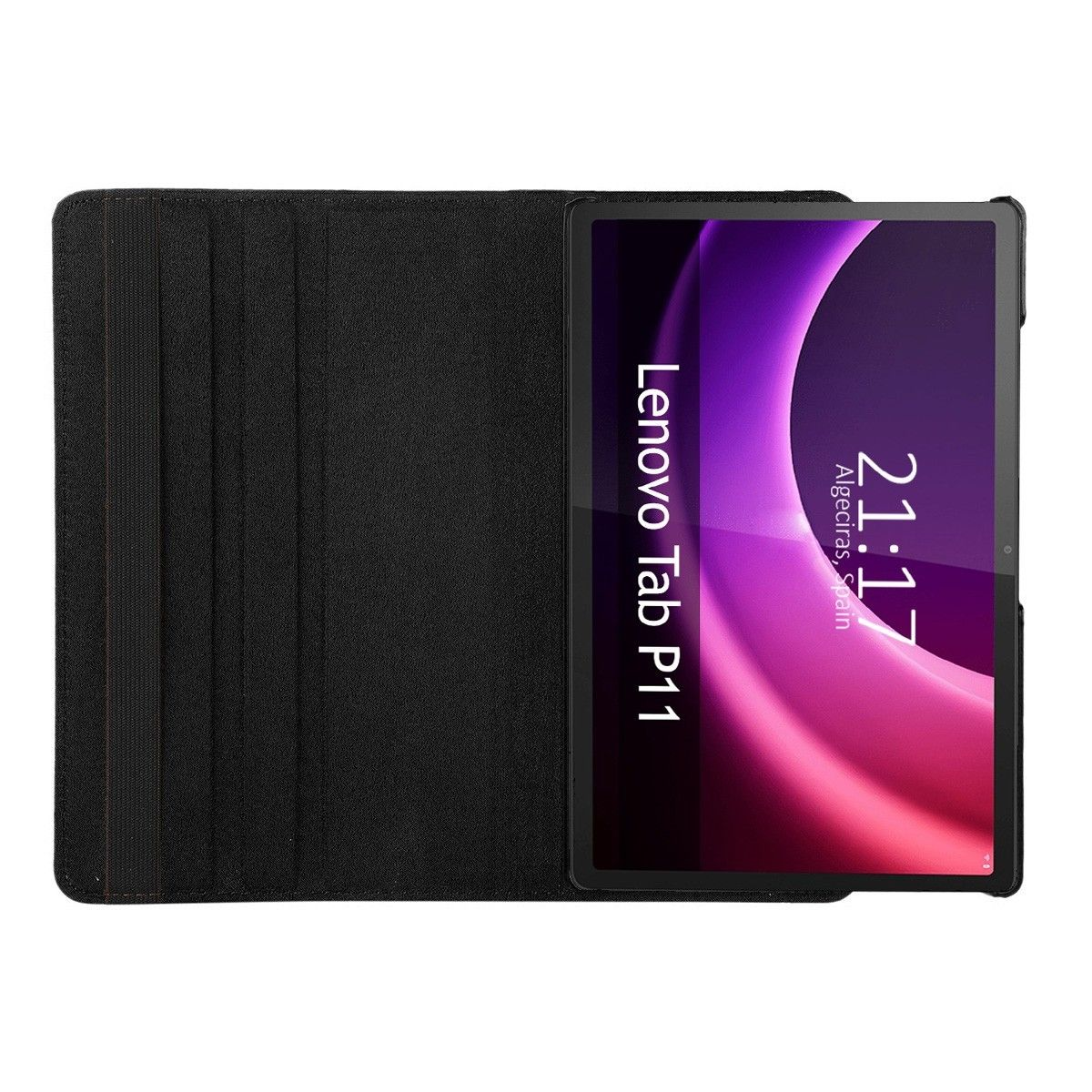 Una tableta negra en una funda negra, la pantalla muestra un reloj y el nombre Lenovo Tab P11.