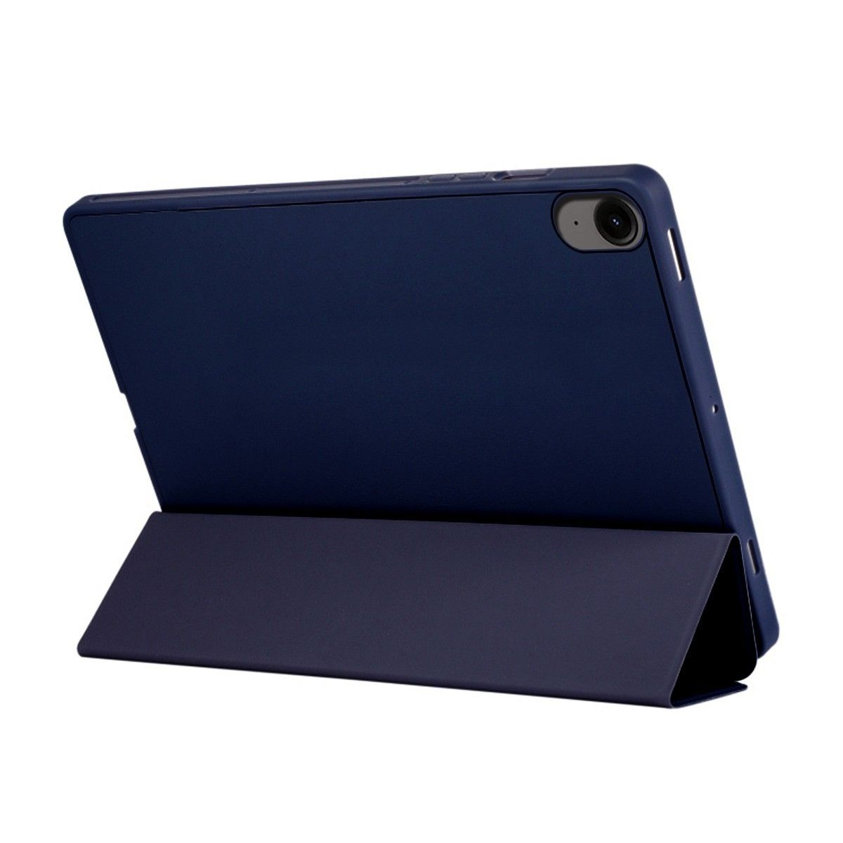 Funda azul para tableta. La tableta está en una funda azul. El fondo es blanco.