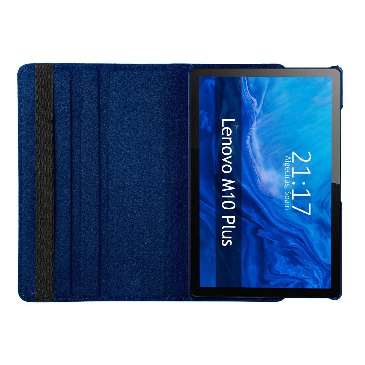 Tableta azul en una funda azul. Pantalla muestra Lenovo M10 Plus, hora y ubicación.