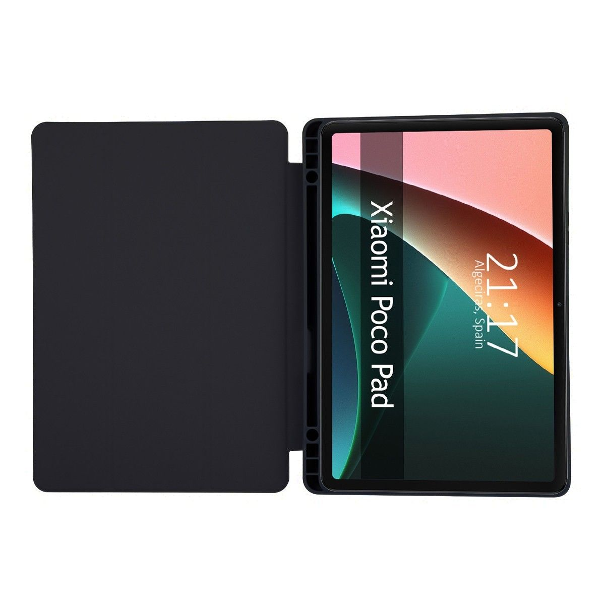 Tableta Xiaomi Poco Pad negra con una funda negra abierta para revelar la pantalla.