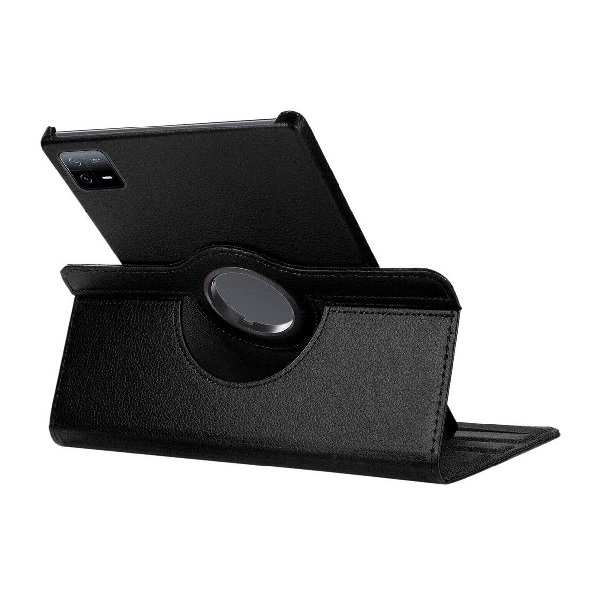Un tablet nero in un supporto con vista angolata, che mostra il retro del tablet.