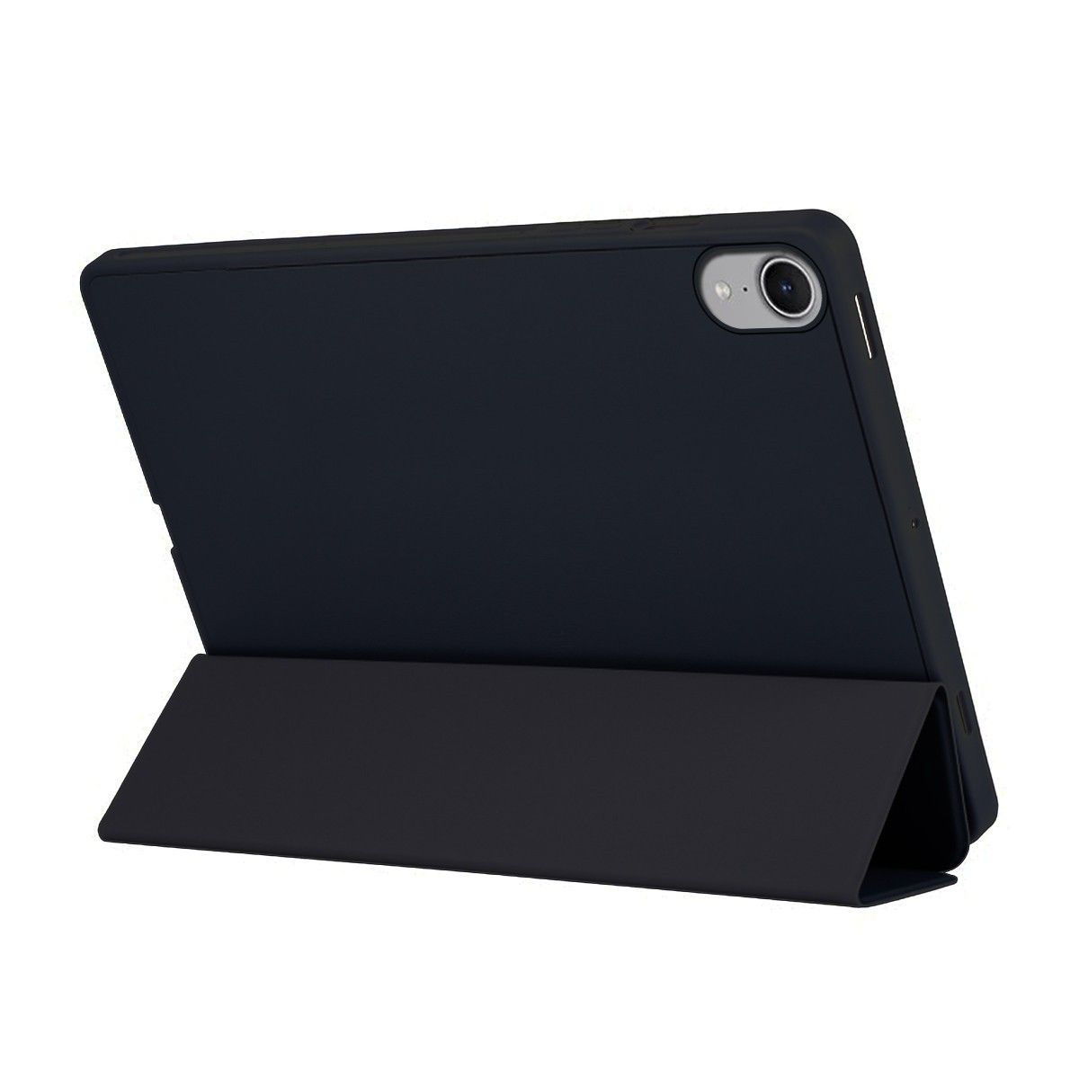 Una tableta negra con una funda negra. La funda está plegada para formar un soporte.