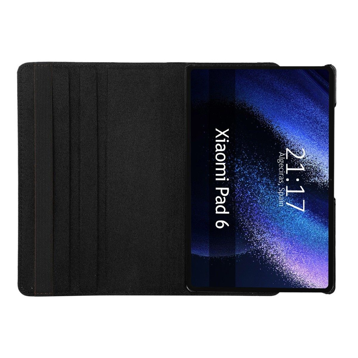 Tablet in una custodia nera che mostra uno schermo con l'ora e la posizione.
