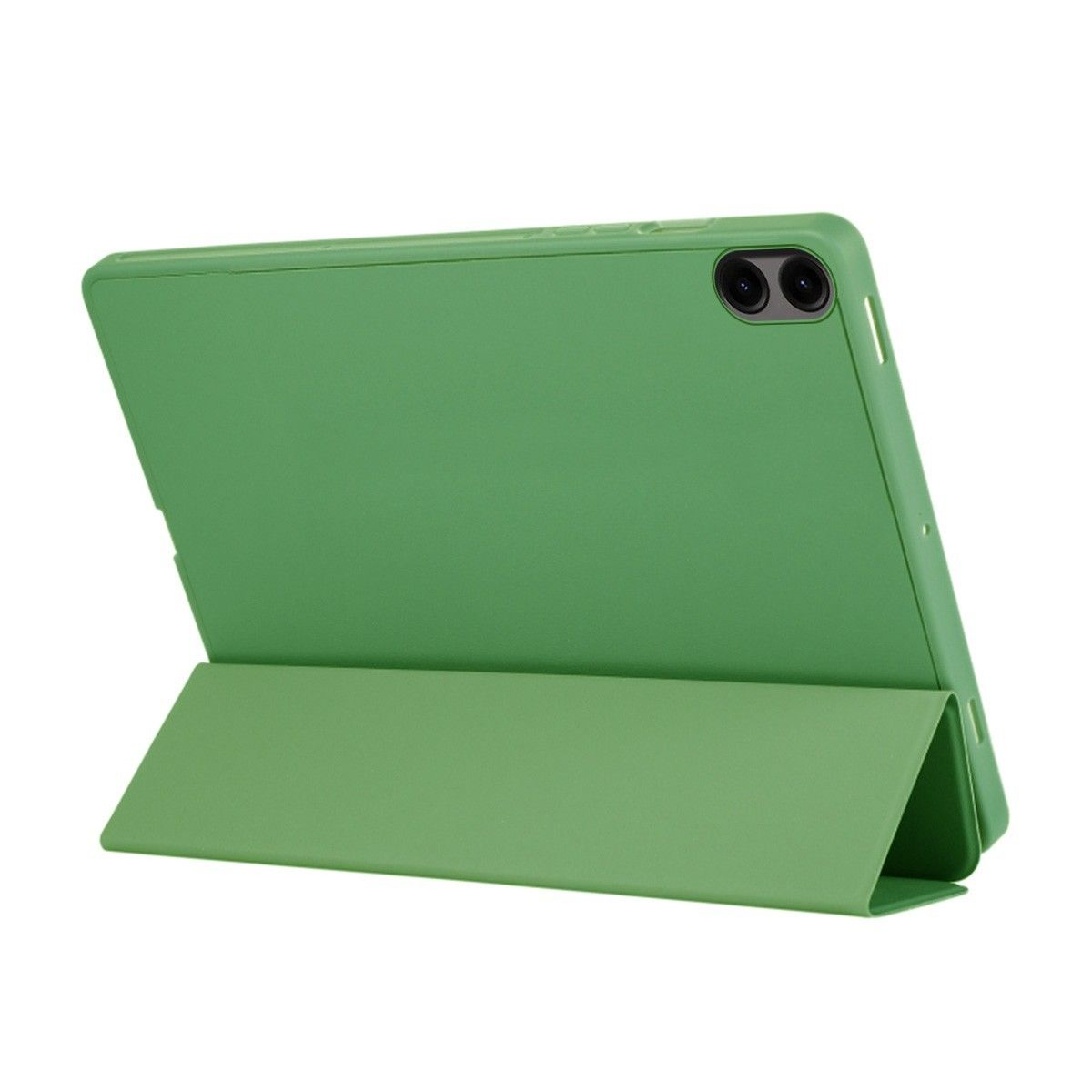 Tableta verde en funda verde, apoyada. Parte trasera visible, mostrando cámaras. Funda abierta.