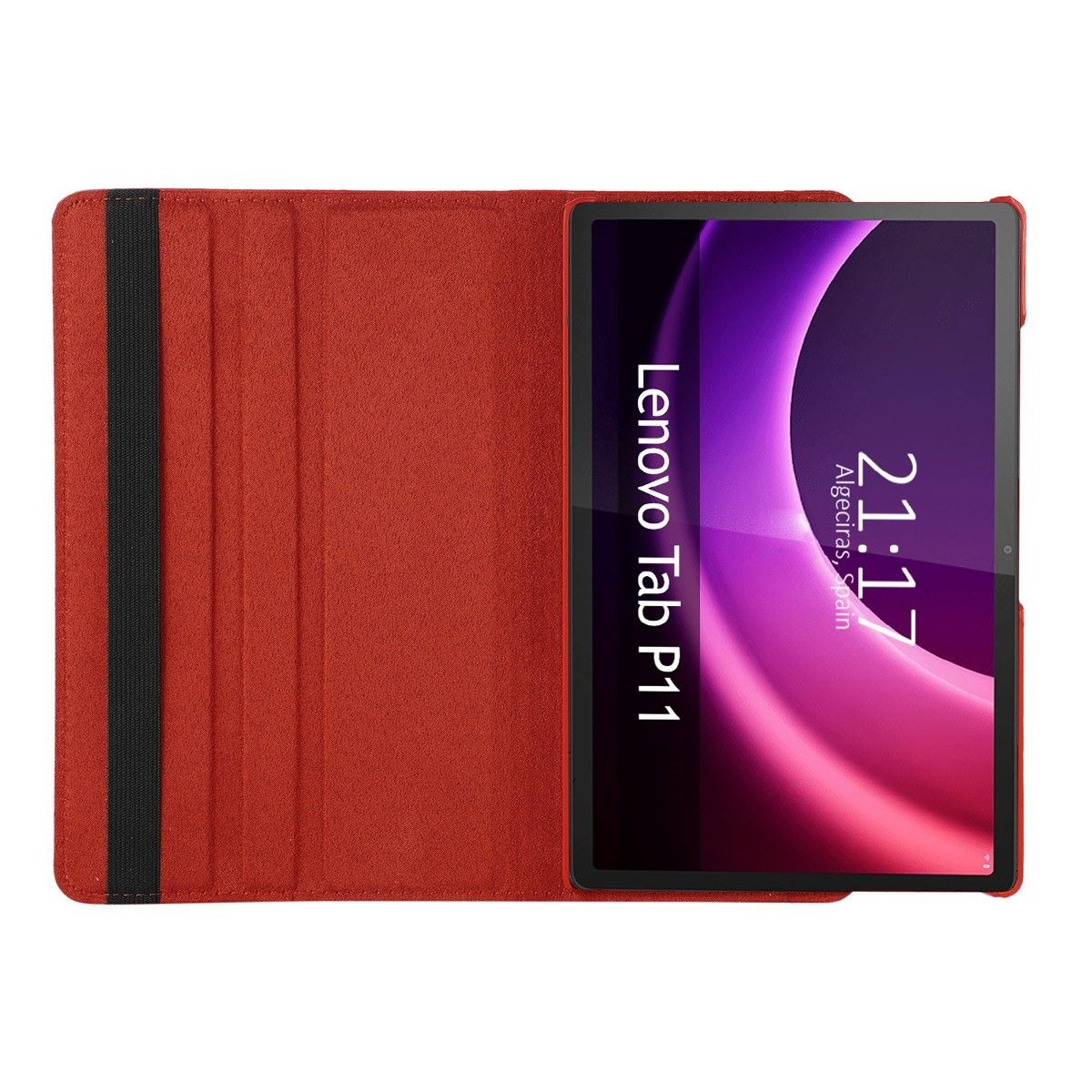 Tableta roja en una funda roja, abierta. La pantalla muestra texto y hora. Fondo blanco.