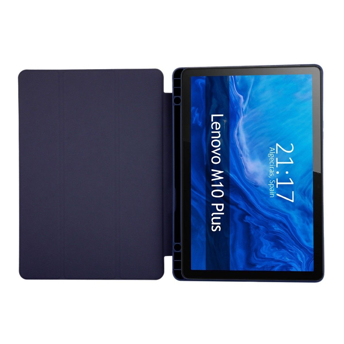 Una tableta azul con una funda azul. La pantalla muestra la hora y ubicación en Algeciras, España.