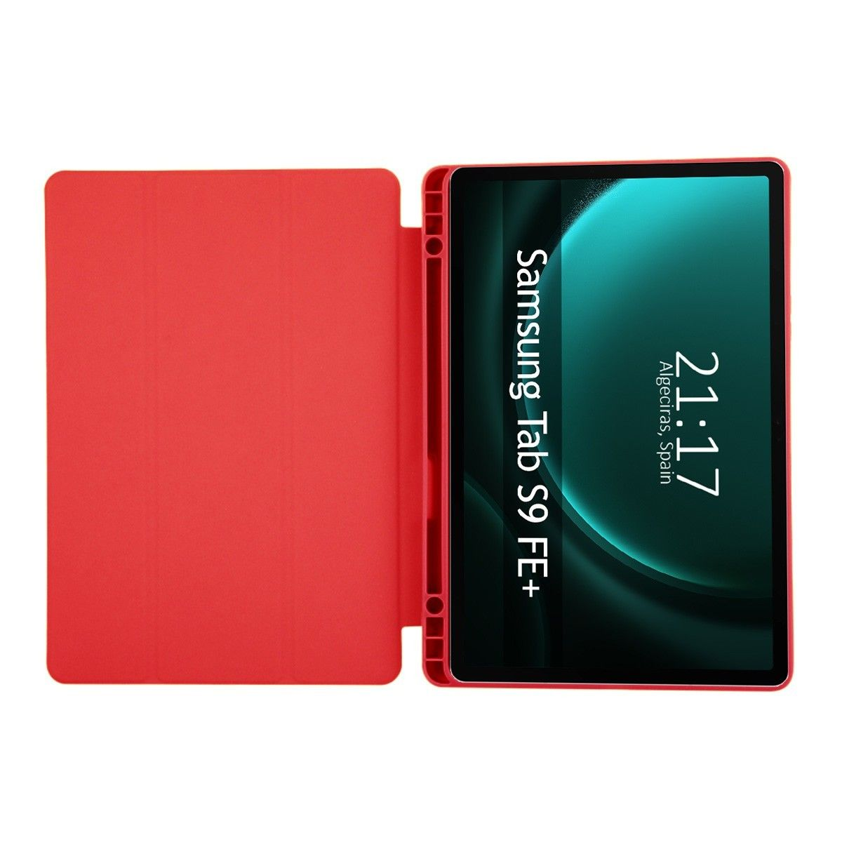 Tableta roja con cubierta roja sobre superficie blanca; pantalla muestra hora y modelo.