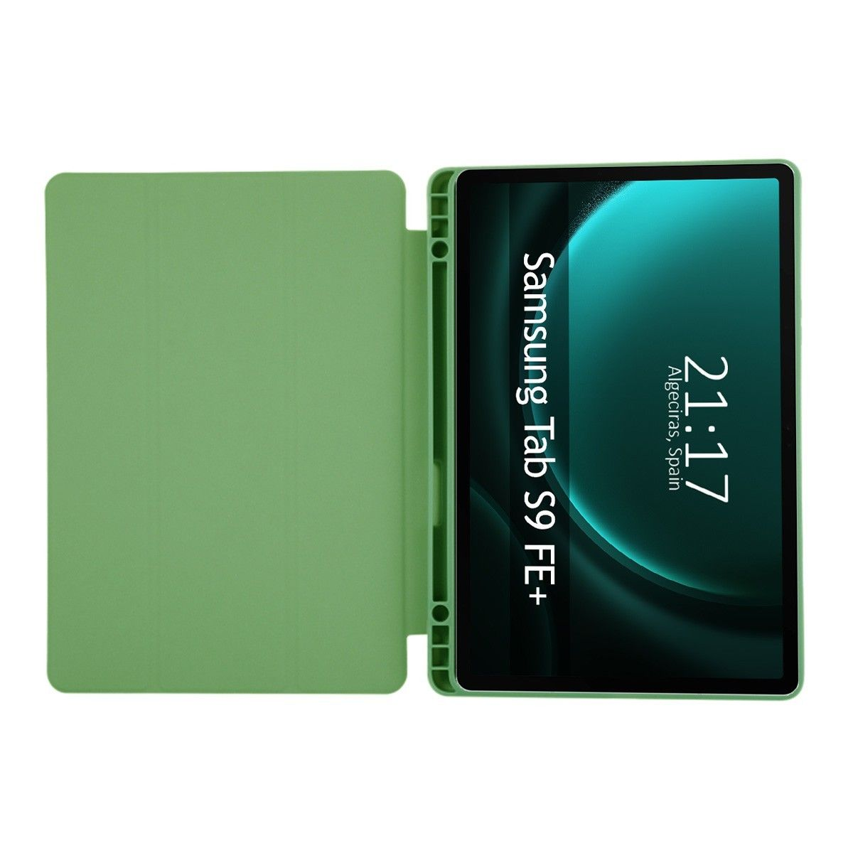 Funda verde de tableta con una Samsung Tab S9 FE+ mostrando hora y ubicación.