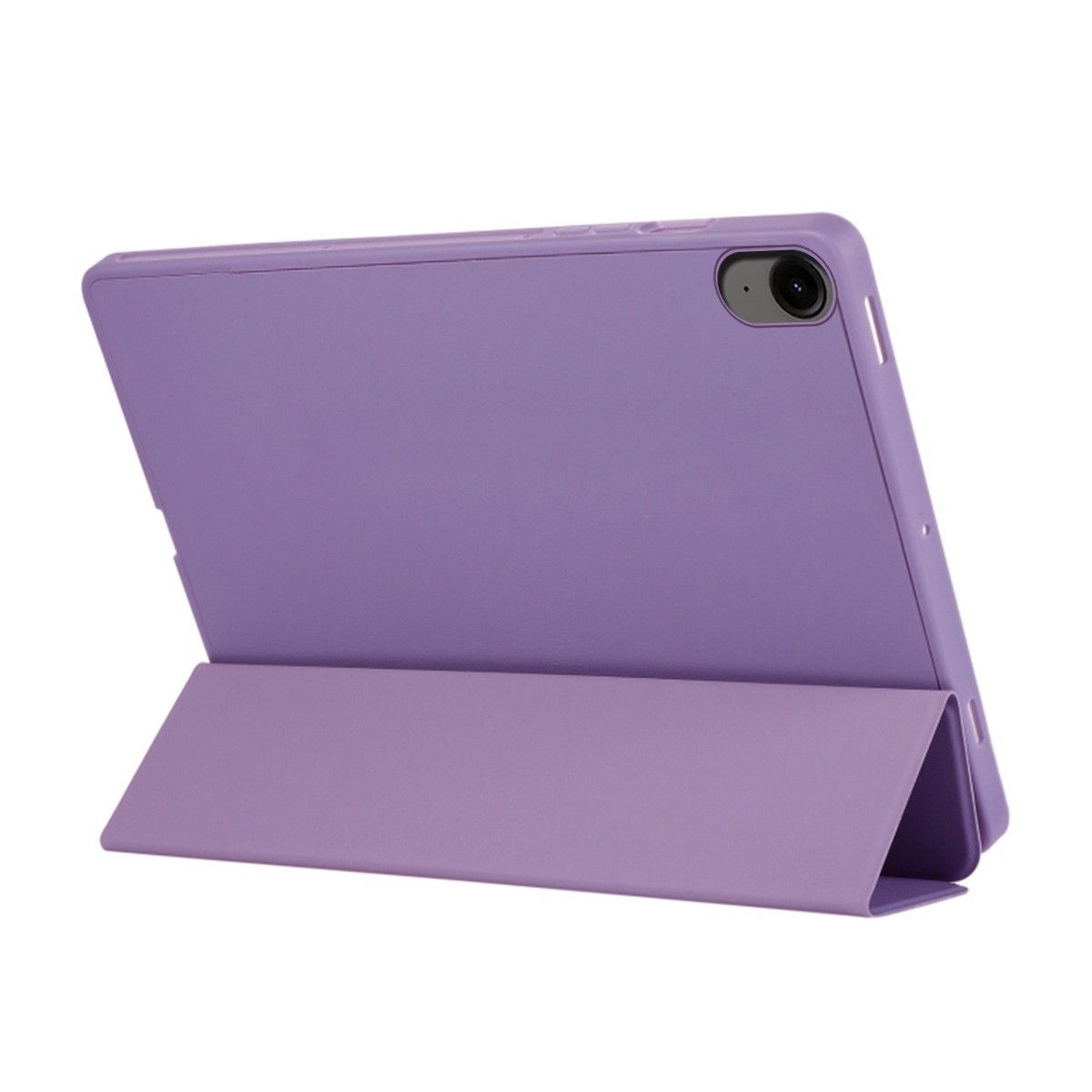 Una funda de tableta morada, con la tableta dentro y la cubierta abierta.