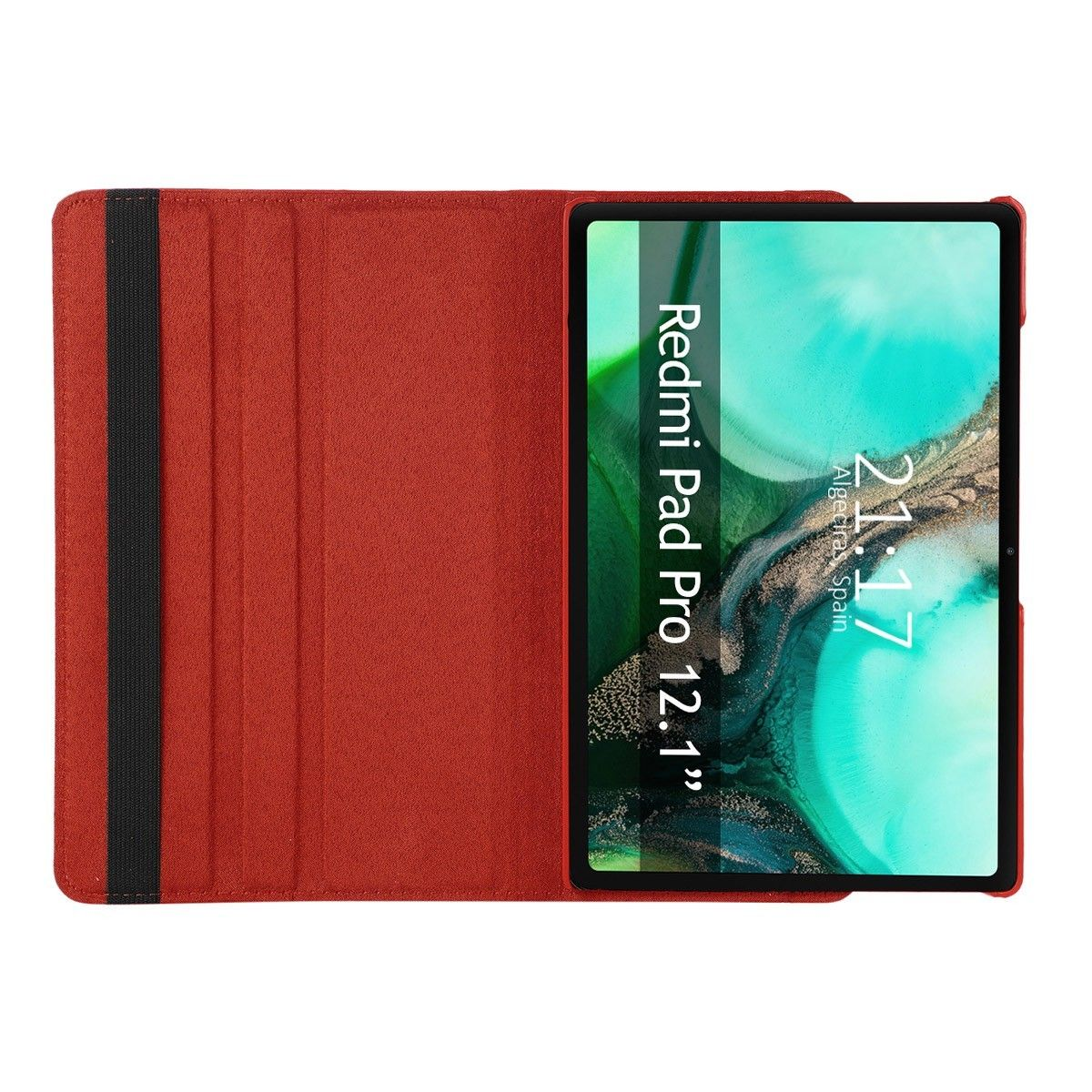Tablet Redmi Pad Pro aperto, con una cover rossa. Lo schermo mostra l'ora e la posizione.