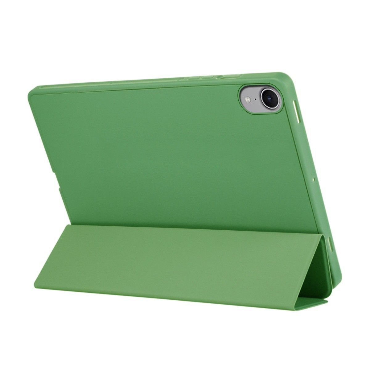 Custodia verde per tablet in posizione stand. Fotocamera visibile. Sfondo bianco.