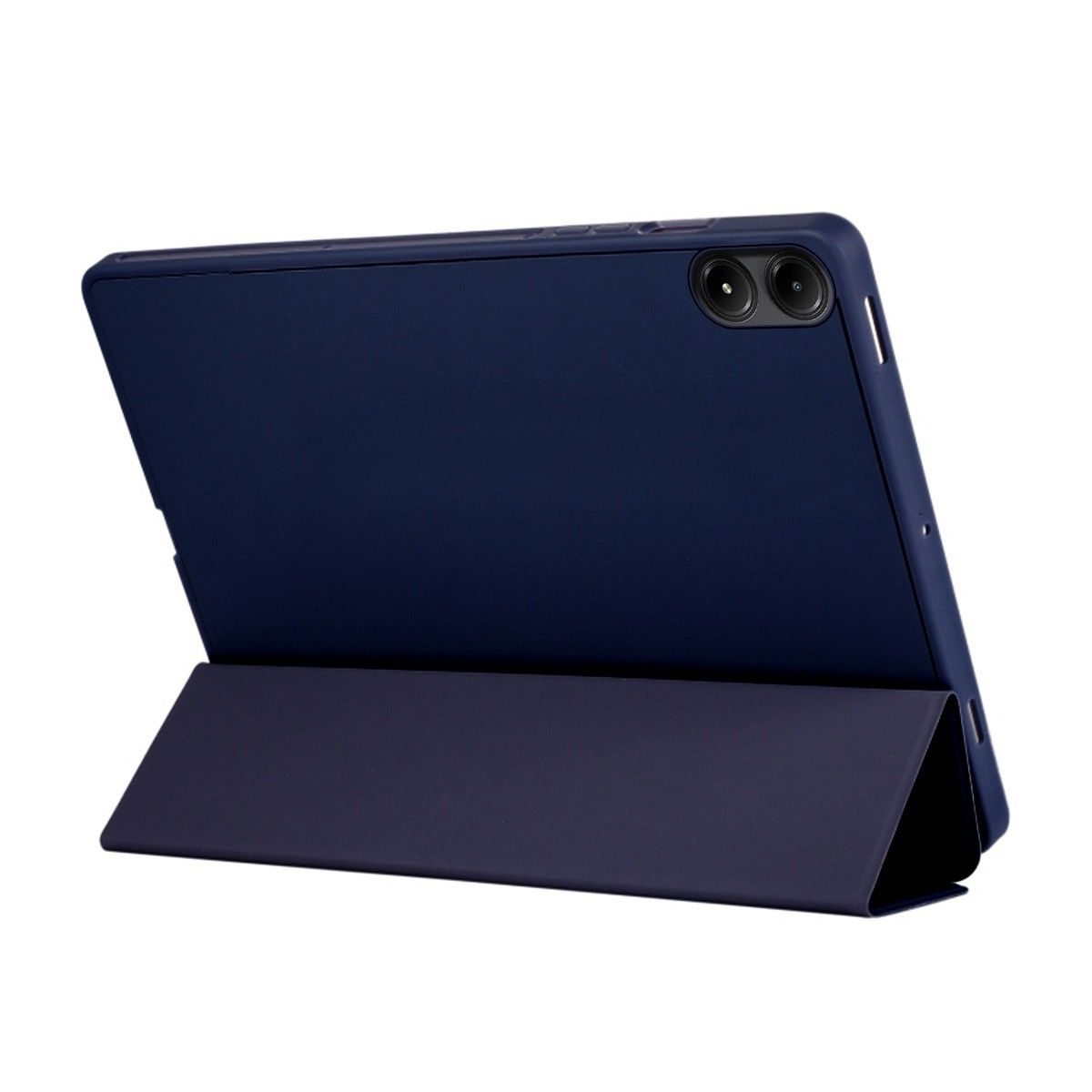 Tableta azul marino con funda azul marino, en ángulo. La tableta tiene dos cámaras.