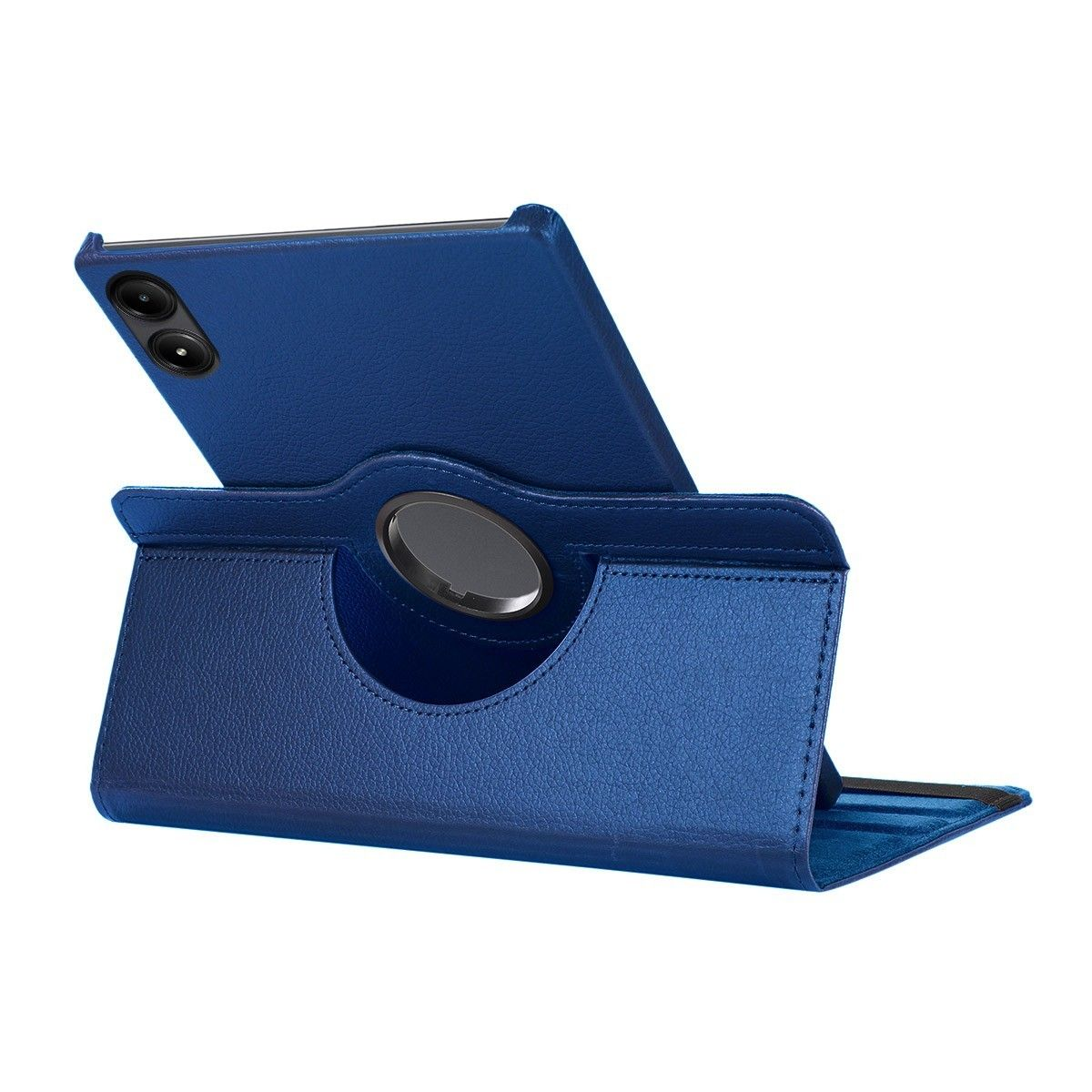 Funda azul para teléfono con teléfono dentro, colocado en un soporte. El teléfono está en el soporte.