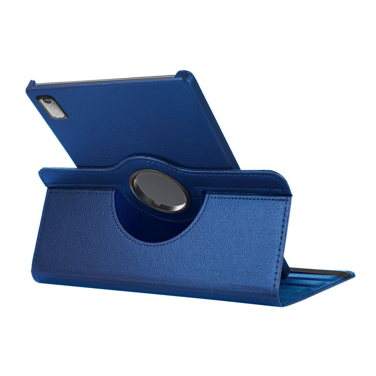 Funda azul para tableta con soporte giratorio y tableta.