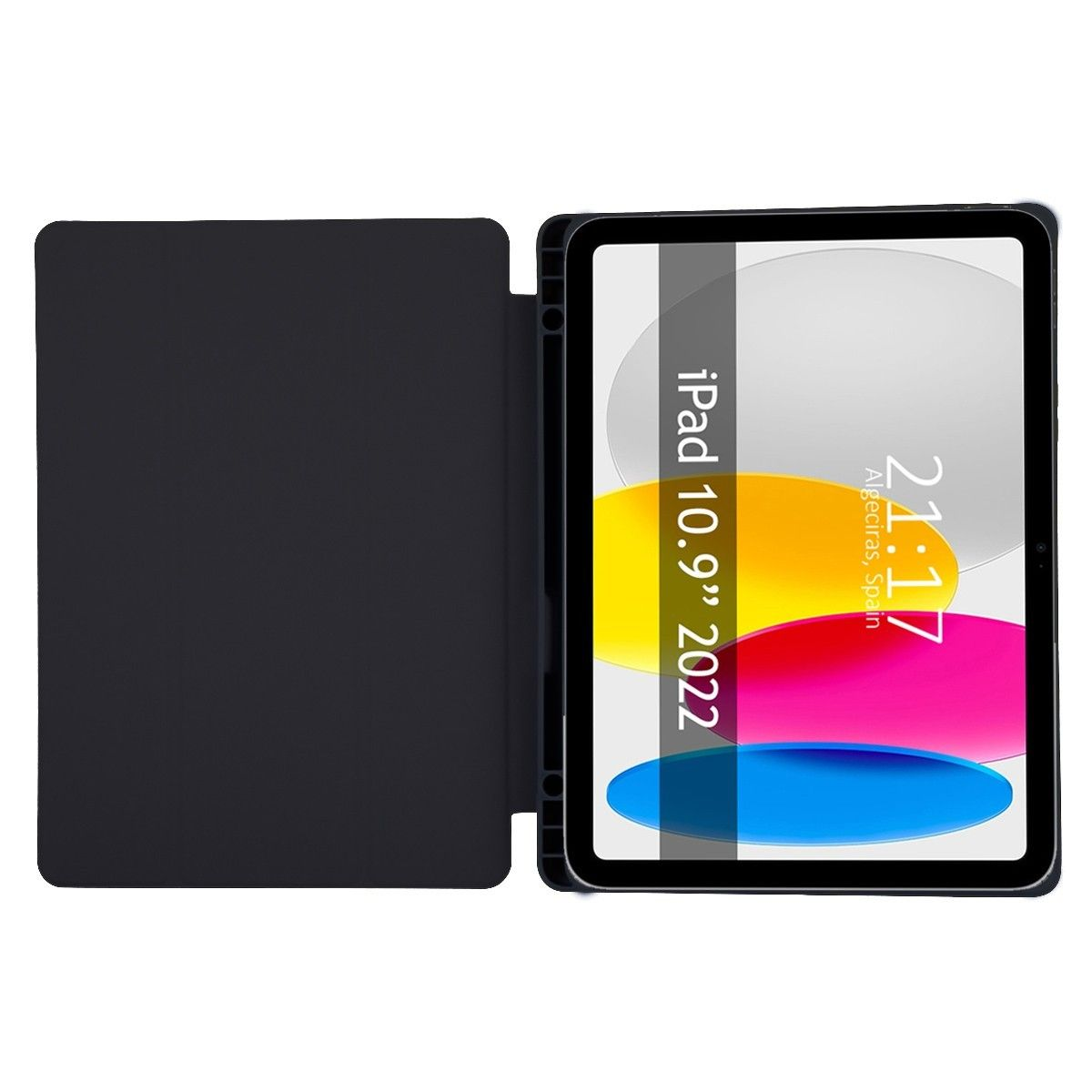 iPad en una funda negra. La pantalla muestra una interfaz colorida.