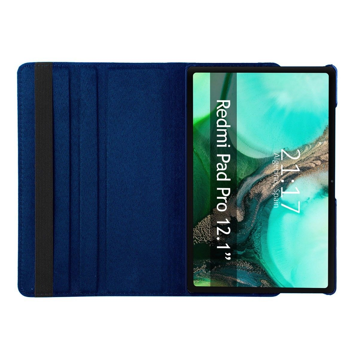 Tableta azul en funda azul abierta. La pantalla muestra texto. Fondo blanco.