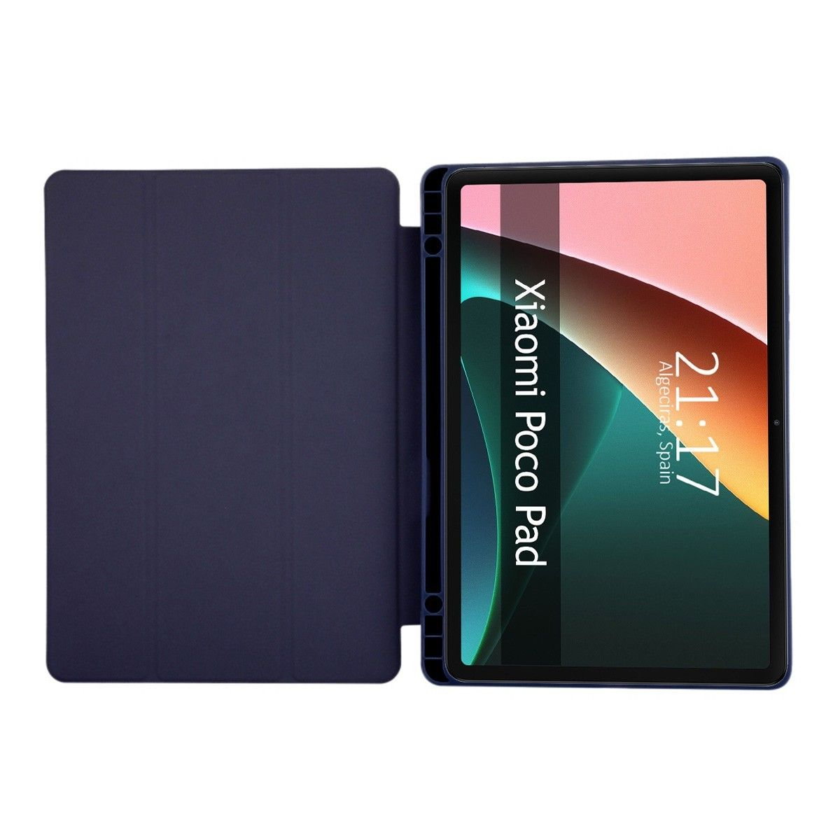 Tableta con una cubierta azul oscuro, mostrando la pantalla con las palabras 'Xiaomi Poco Pad'.