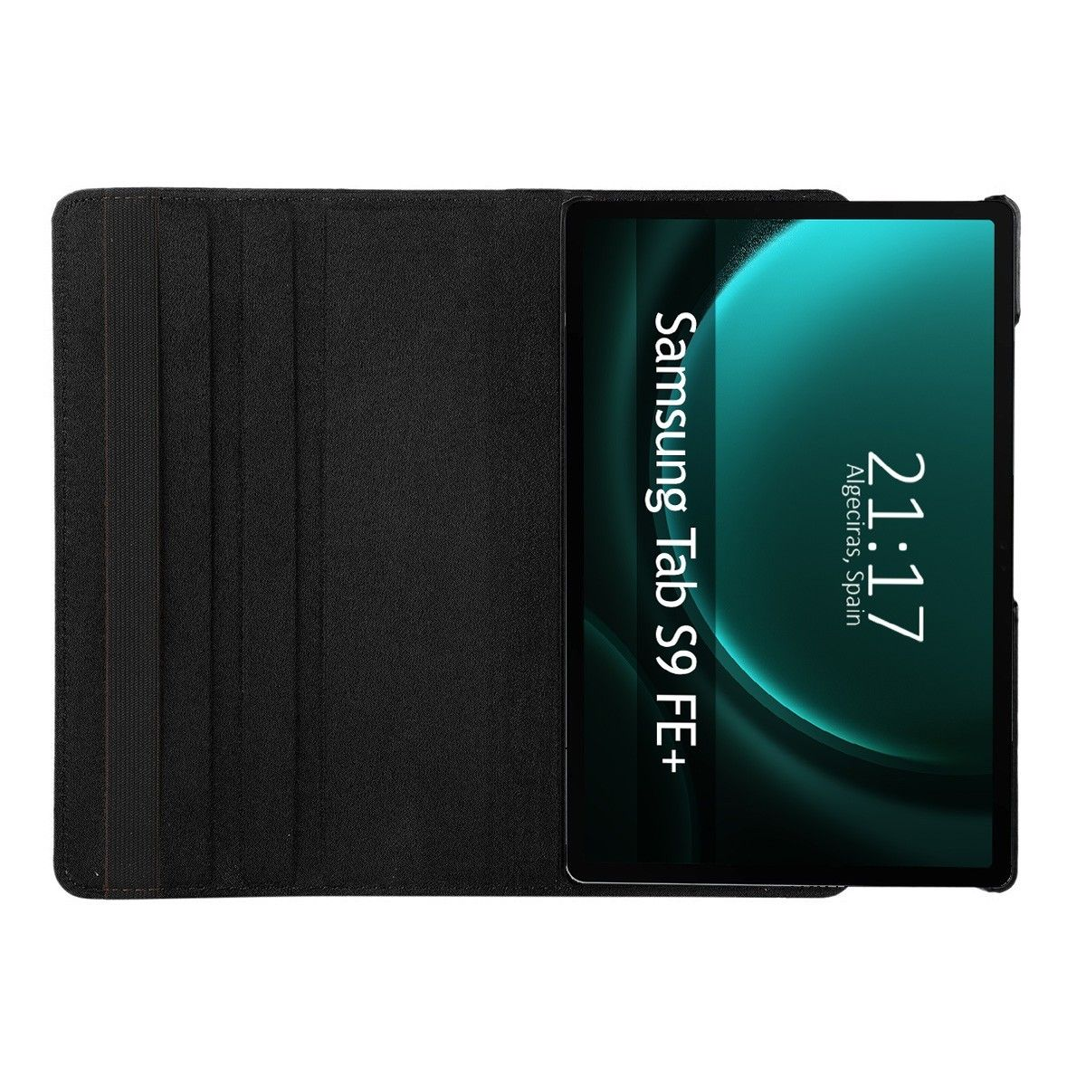 Custodia nera per tablet con tablet che mostra l'ora, con testo Samsung Tab S9 FE+.