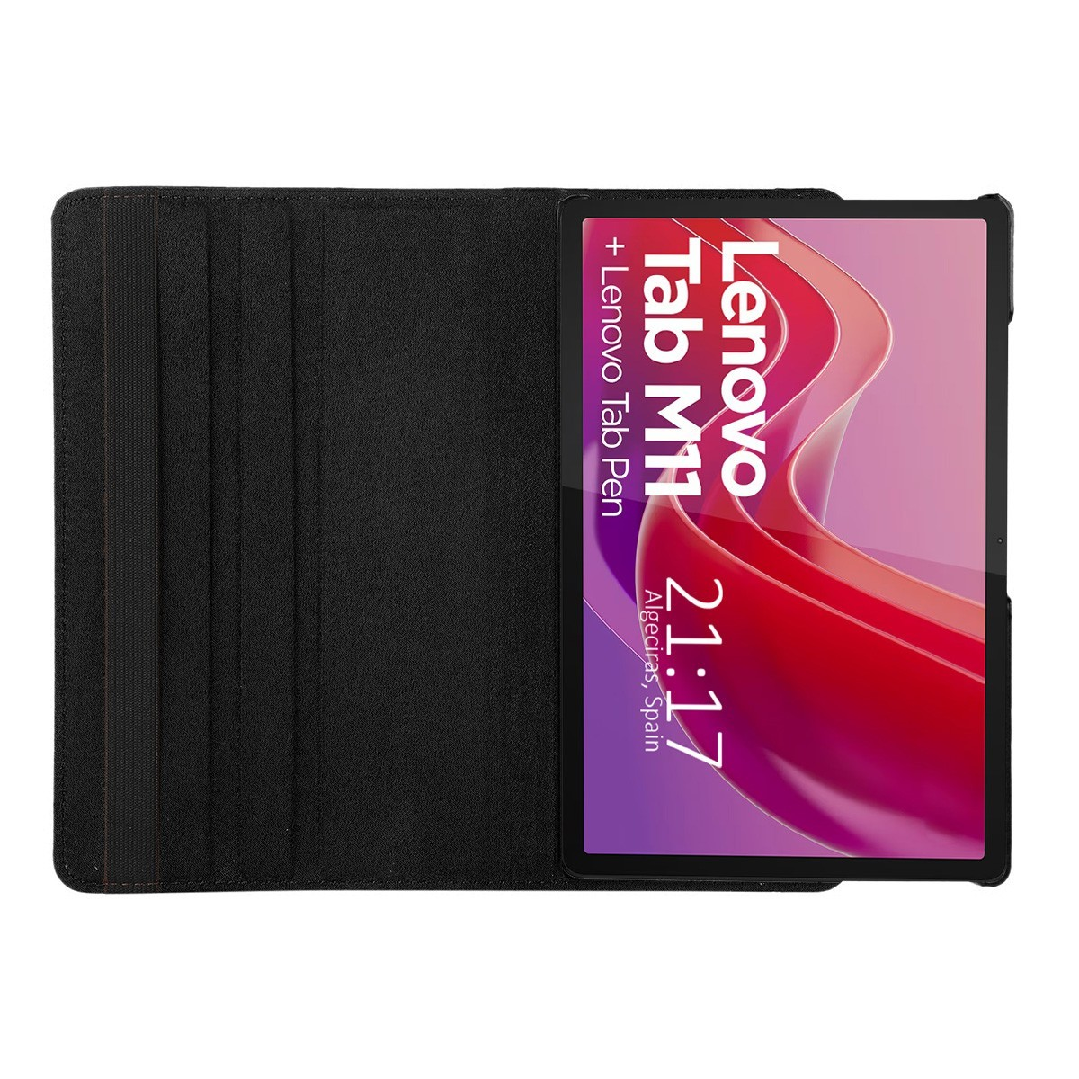 Funda de tableta negra con una tableta dentro. La pantalla muestra la hora y la fecha.