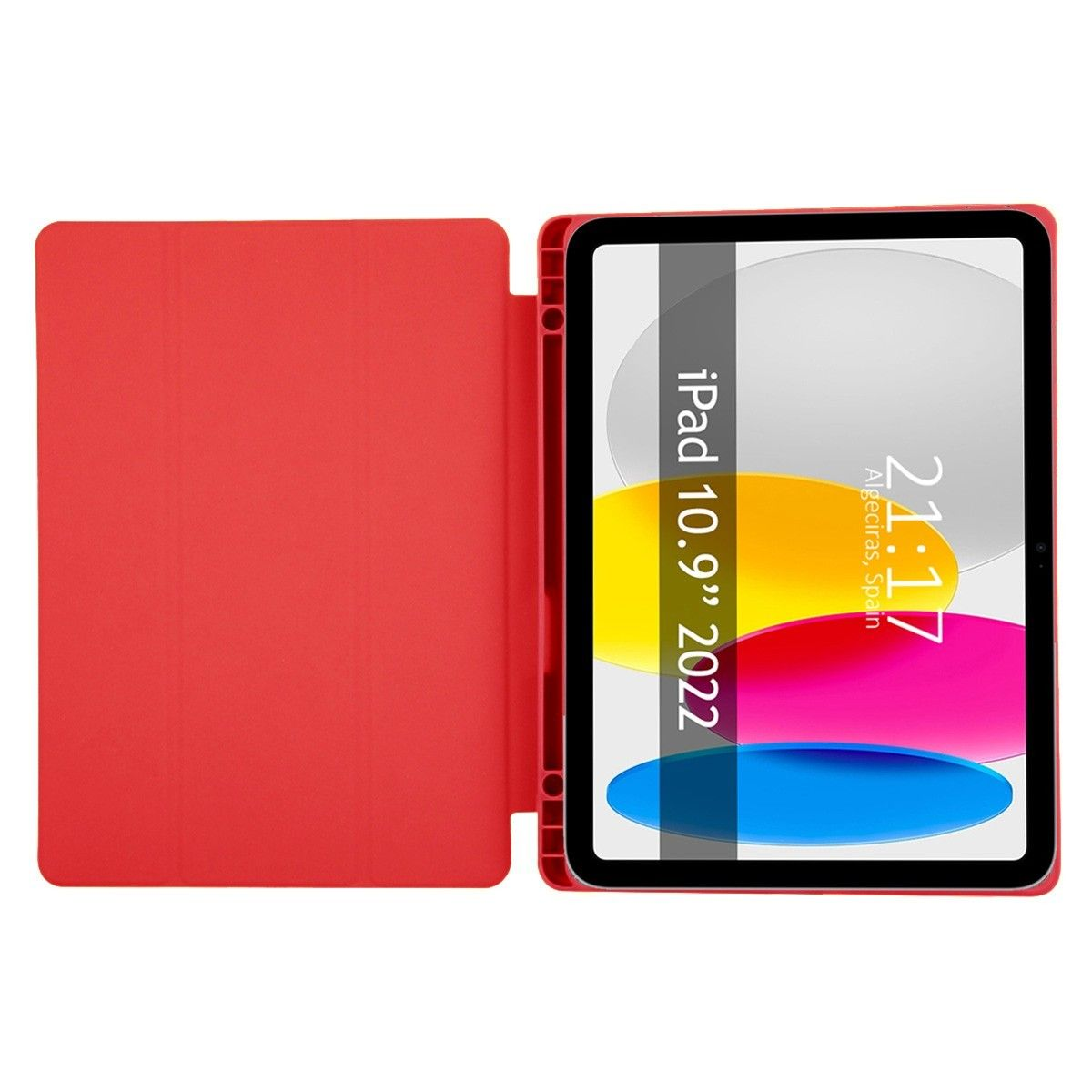iPad con funda roja abierta. Pantalla muestra fondo colorido y la hora.