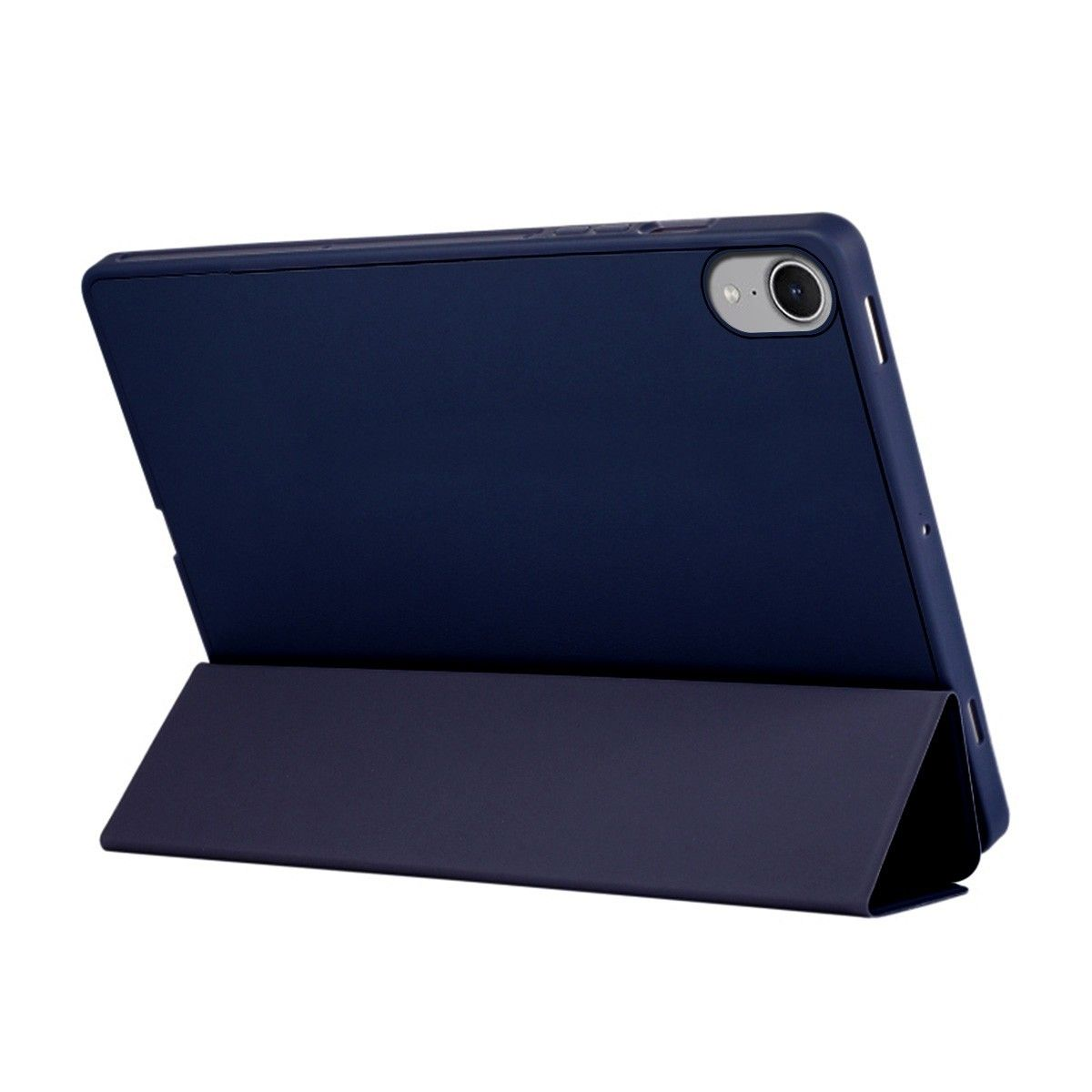 Tableta azul oscuro en una funda con soporte. Cámara visible en la parte superior.