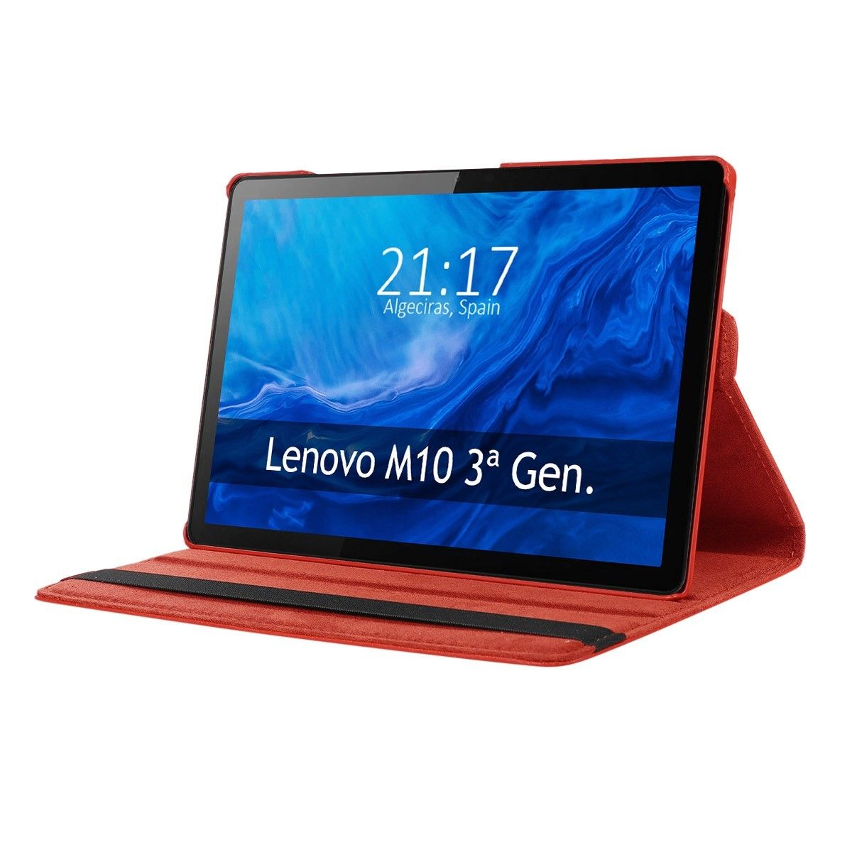 Tablet rosso con custodia aperta. Logo Lenovo e ora sul display. Custodia rossa.