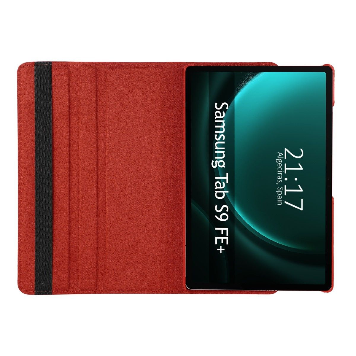 Tableta con funda roja. La pantalla muestra la hora y la ubicación.