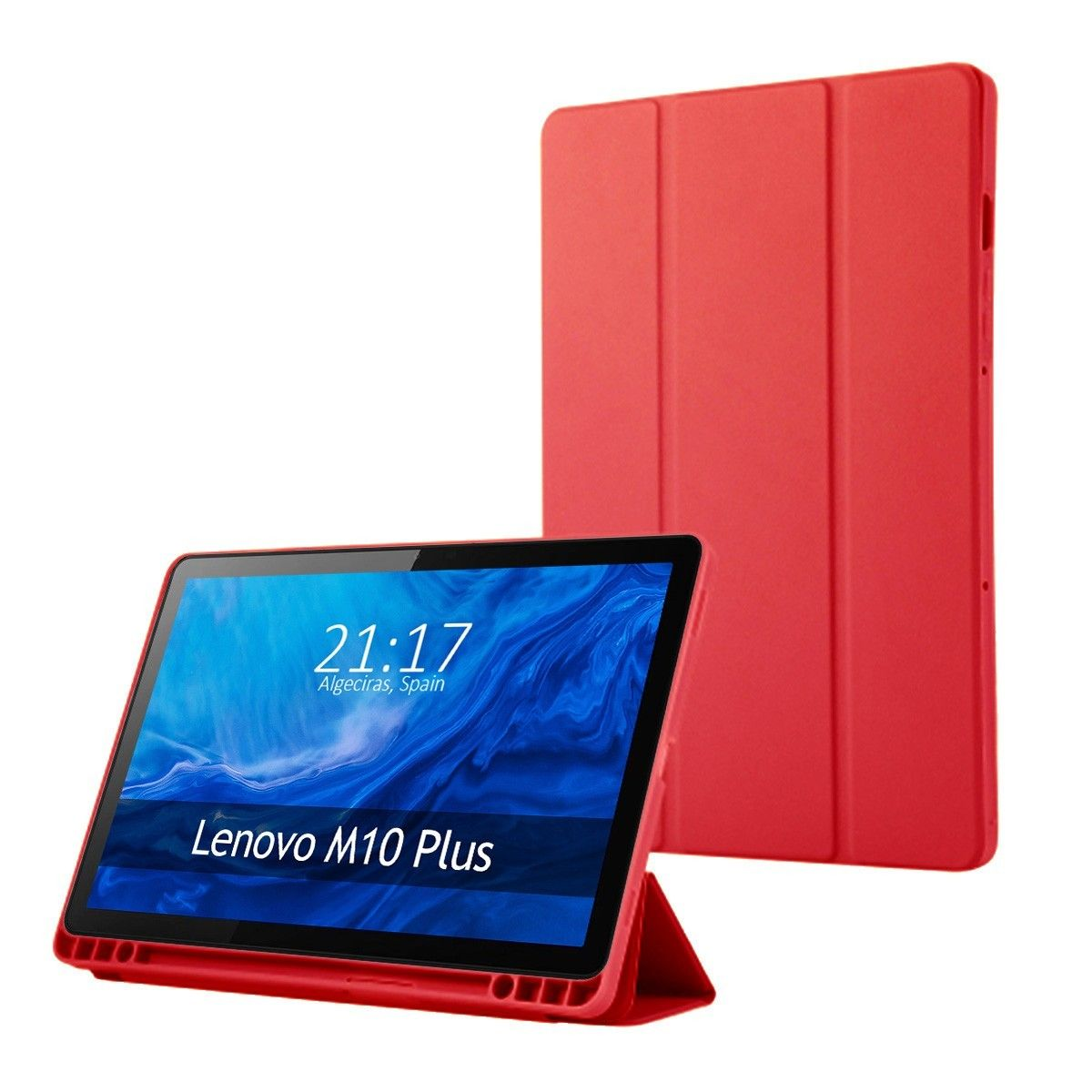 Tablet rosso con supporto e cover rossa, mostra ora e posizione.