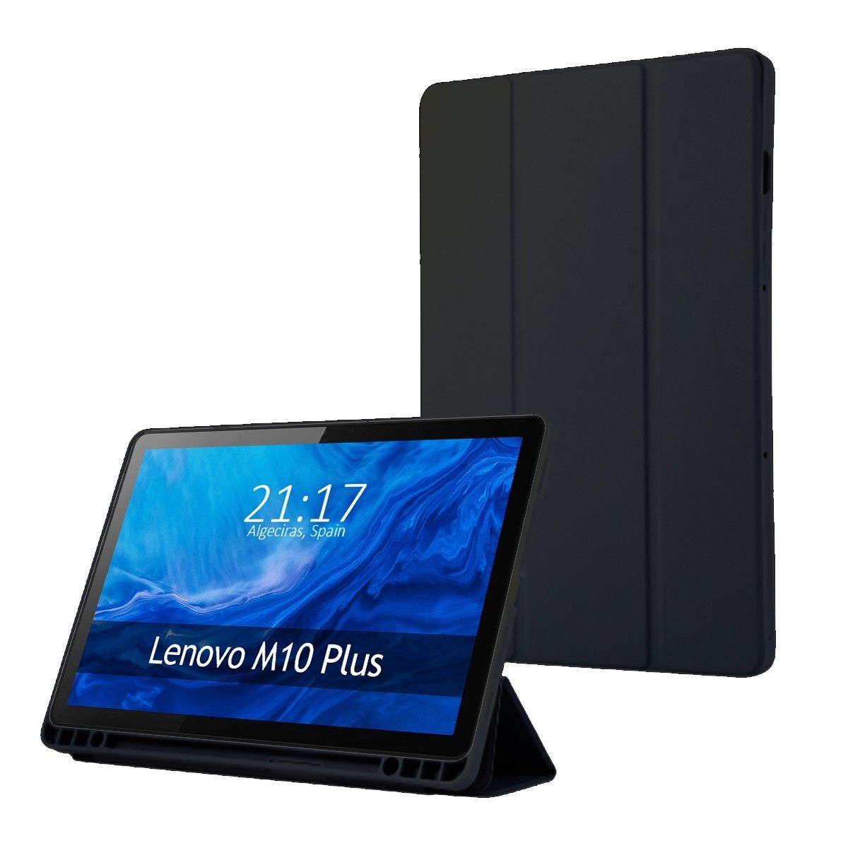 Tablet Lenovo M10 Plus con cover nera aperta, mostra lo schermo con l'ora.