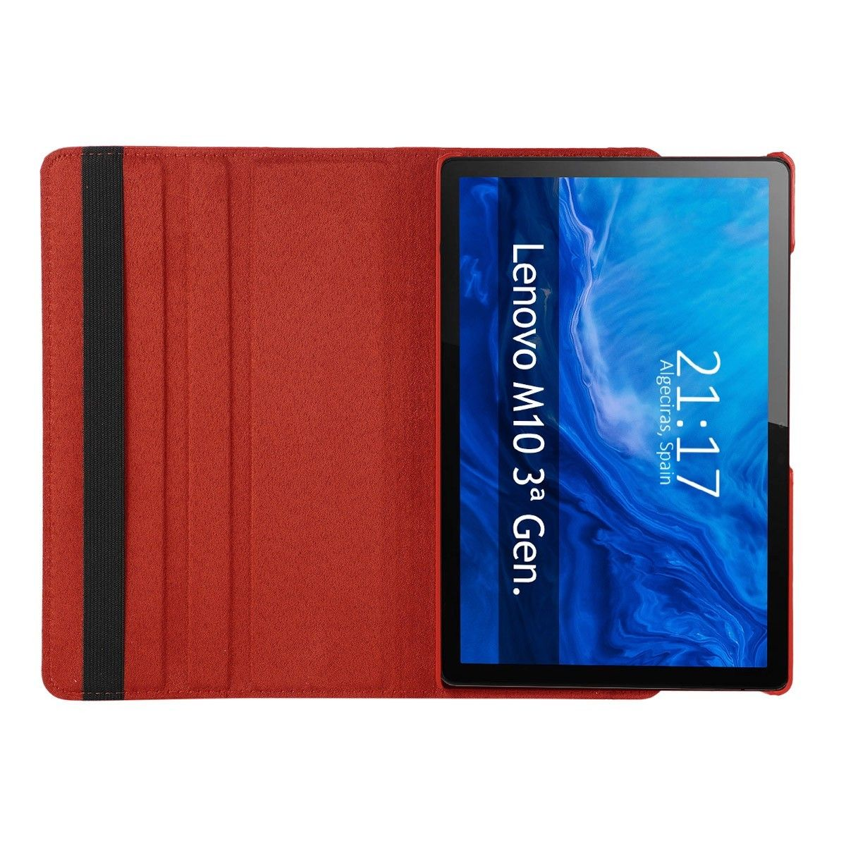 Tablet in una custodia rossa. Lo schermo mostra uno sfondo blu e l'ora. Testo 'Lenovo M10 3rd Gen'.