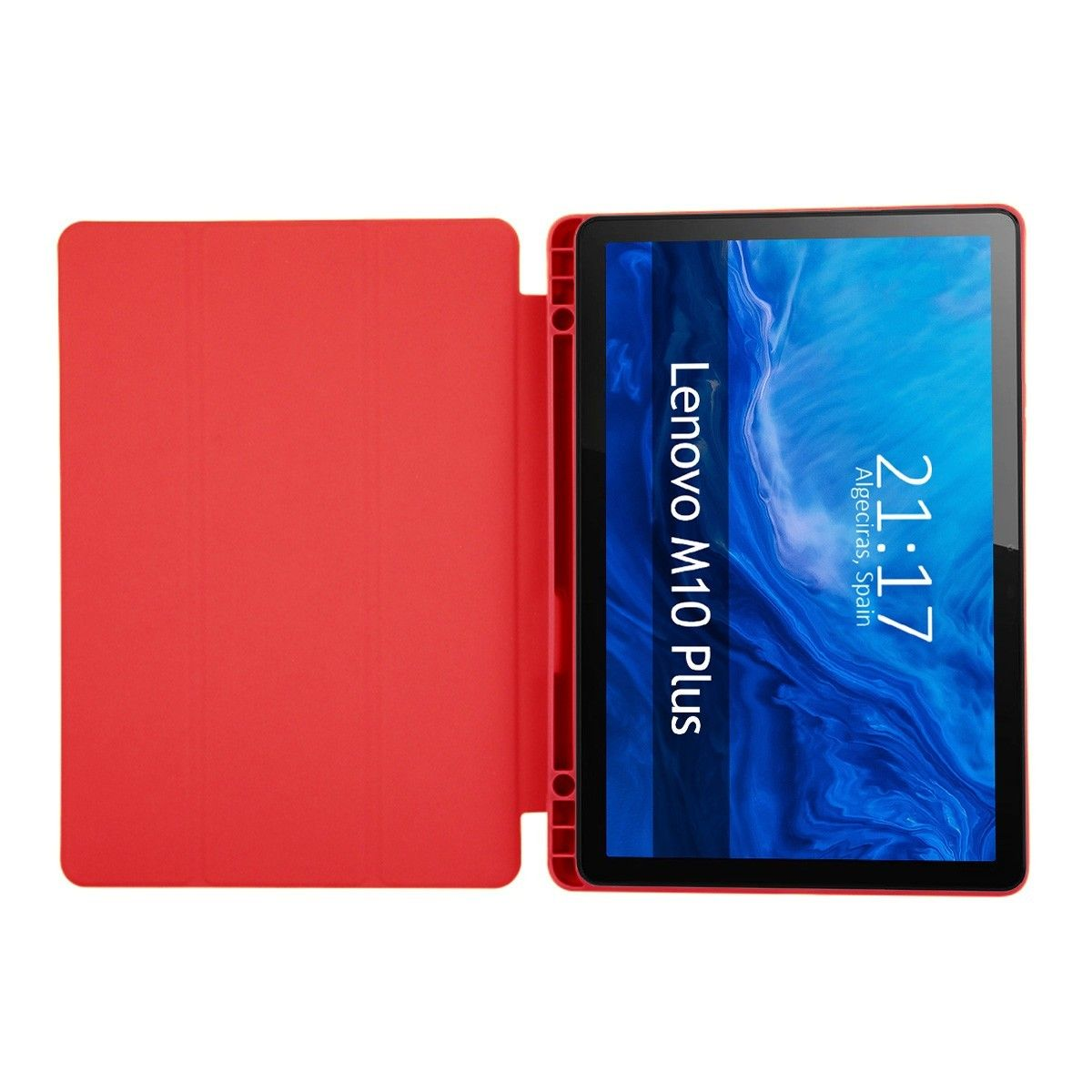Custodia per tablet rossa con tablet che mostra l'ora 21:17, data e posizione.