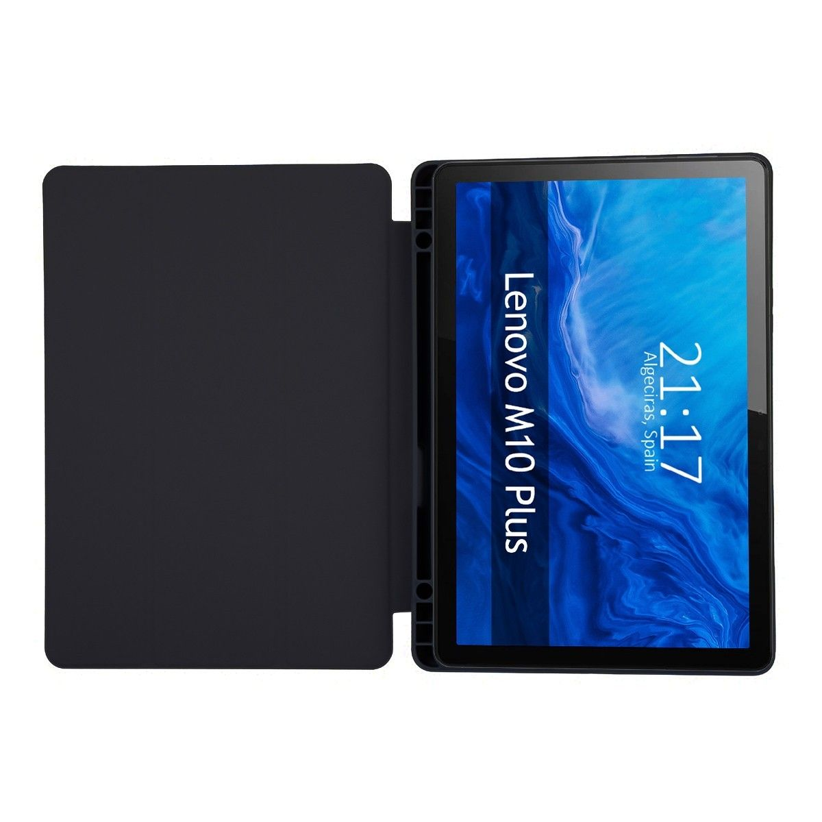 Tablet con custodia. Schermo mostra ora e posizione. Design moderno.