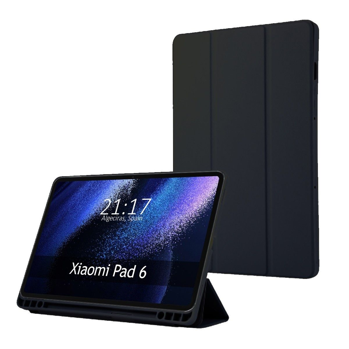 Tablet con custodia. Lo schermo è acceso e visualizza un'immagine blu e viola.