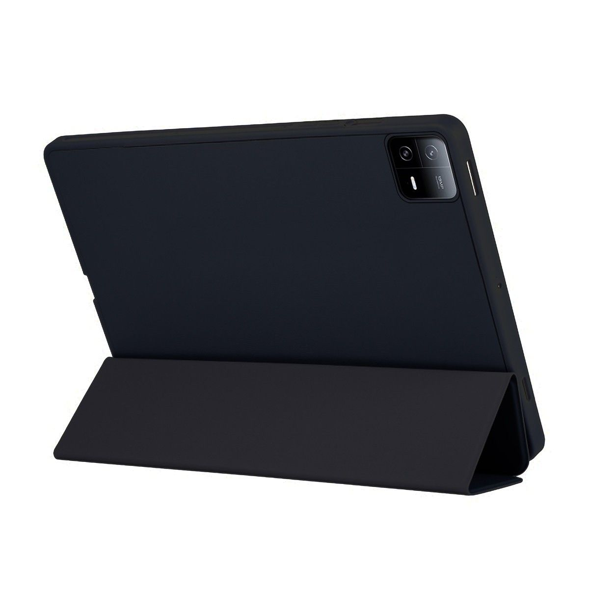 Tablet nero in custodia nera, appoggiato. Lo schermo è rivolto all'indietro.