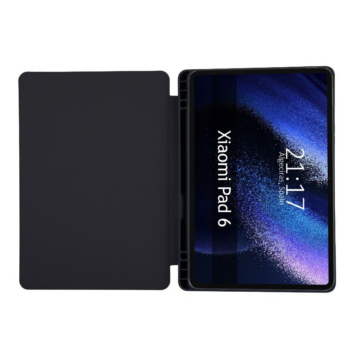Tablet nero con cover, mostra l'ora e 'Xiaomi Pad 6'.