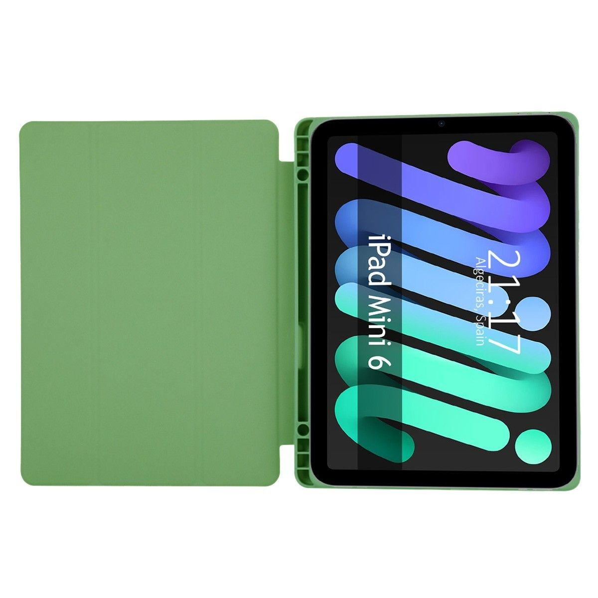 Custodia per tablet verde con un tablet. Mostra l'ora e il testo. La cover è aperta.