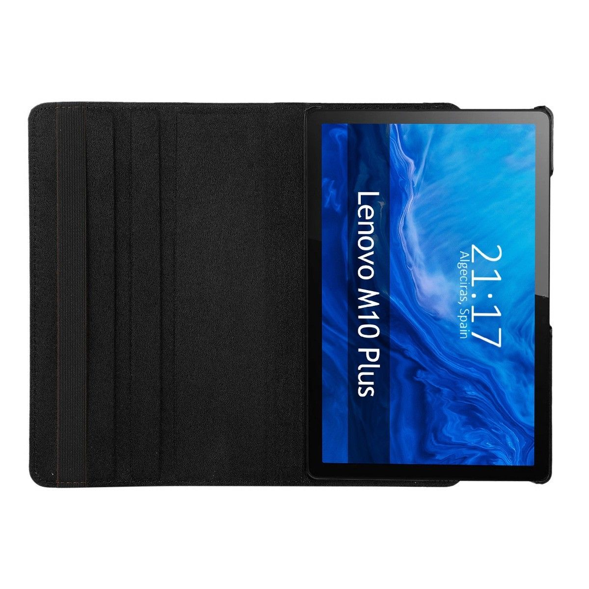 Funda de tableta negra abierta, mostrando una tableta con fondo azul y hora mostrada.