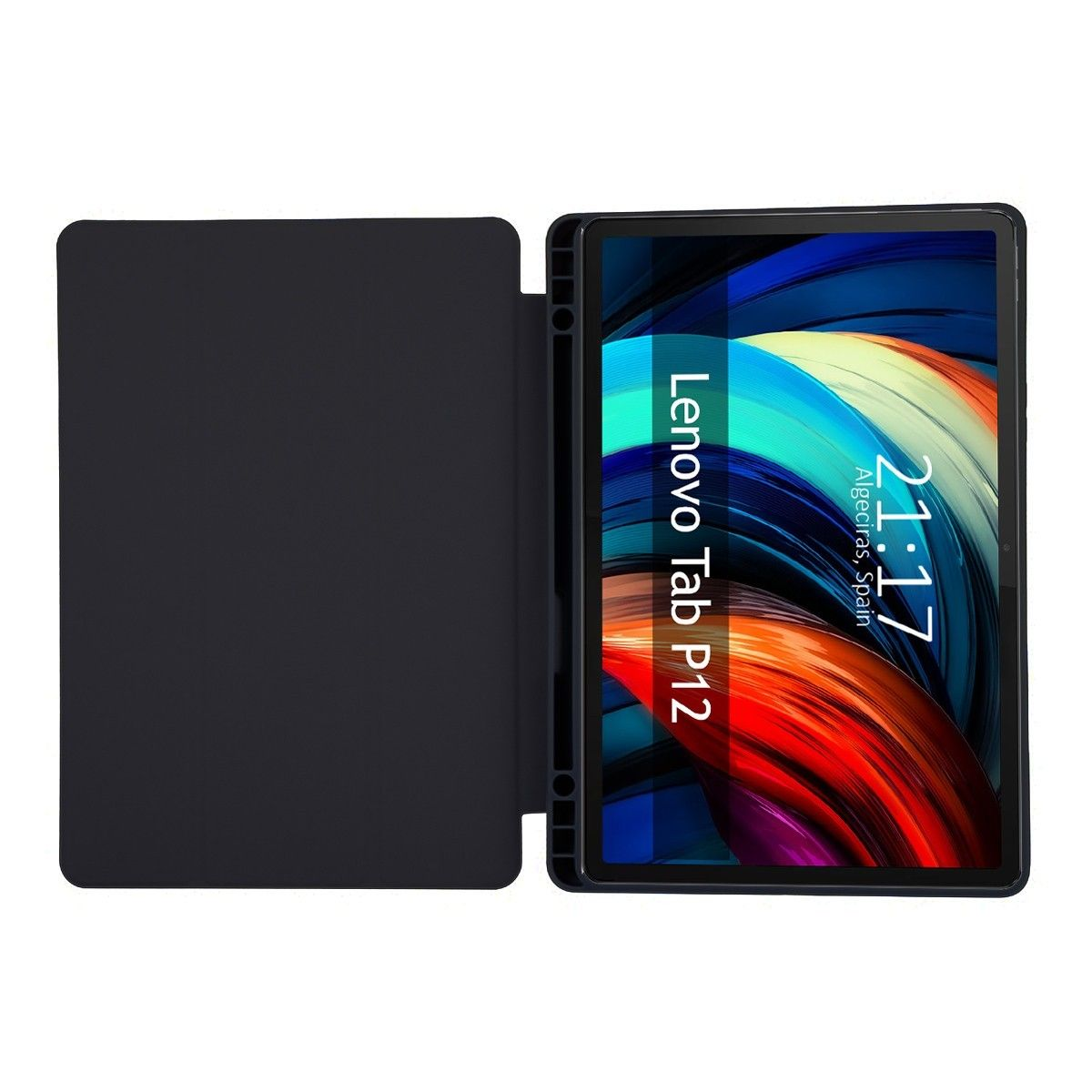 Una funda negra para tableta con una tableta que muestra la interfaz Lenovo Tab P12.