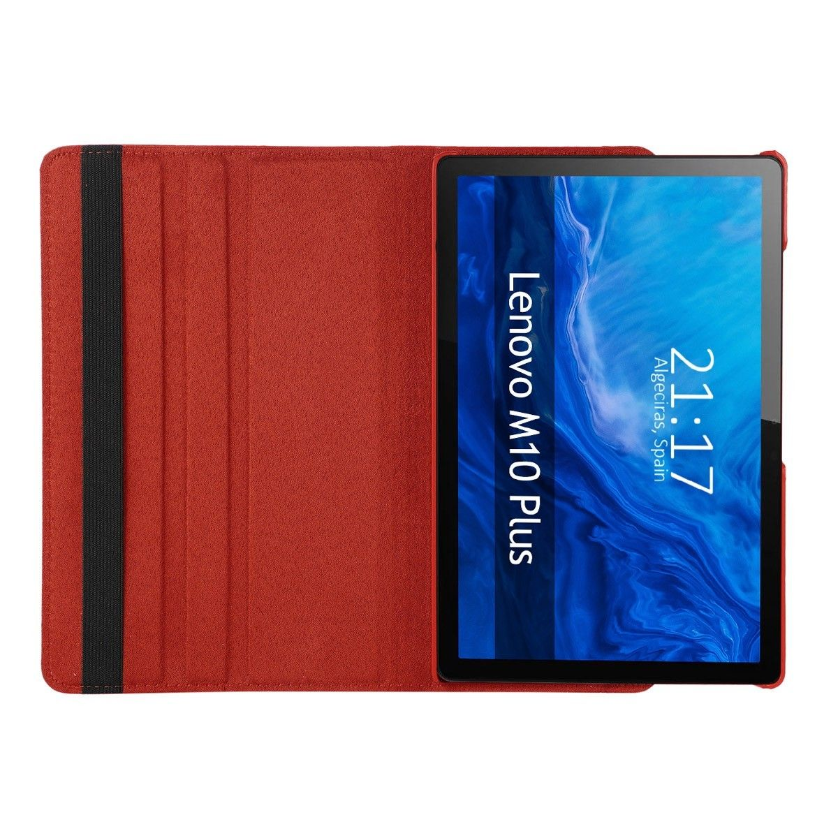 Tableta con funda roja y Lenovo M10 Plus en la pantalla, hora y ubicación mostradas.