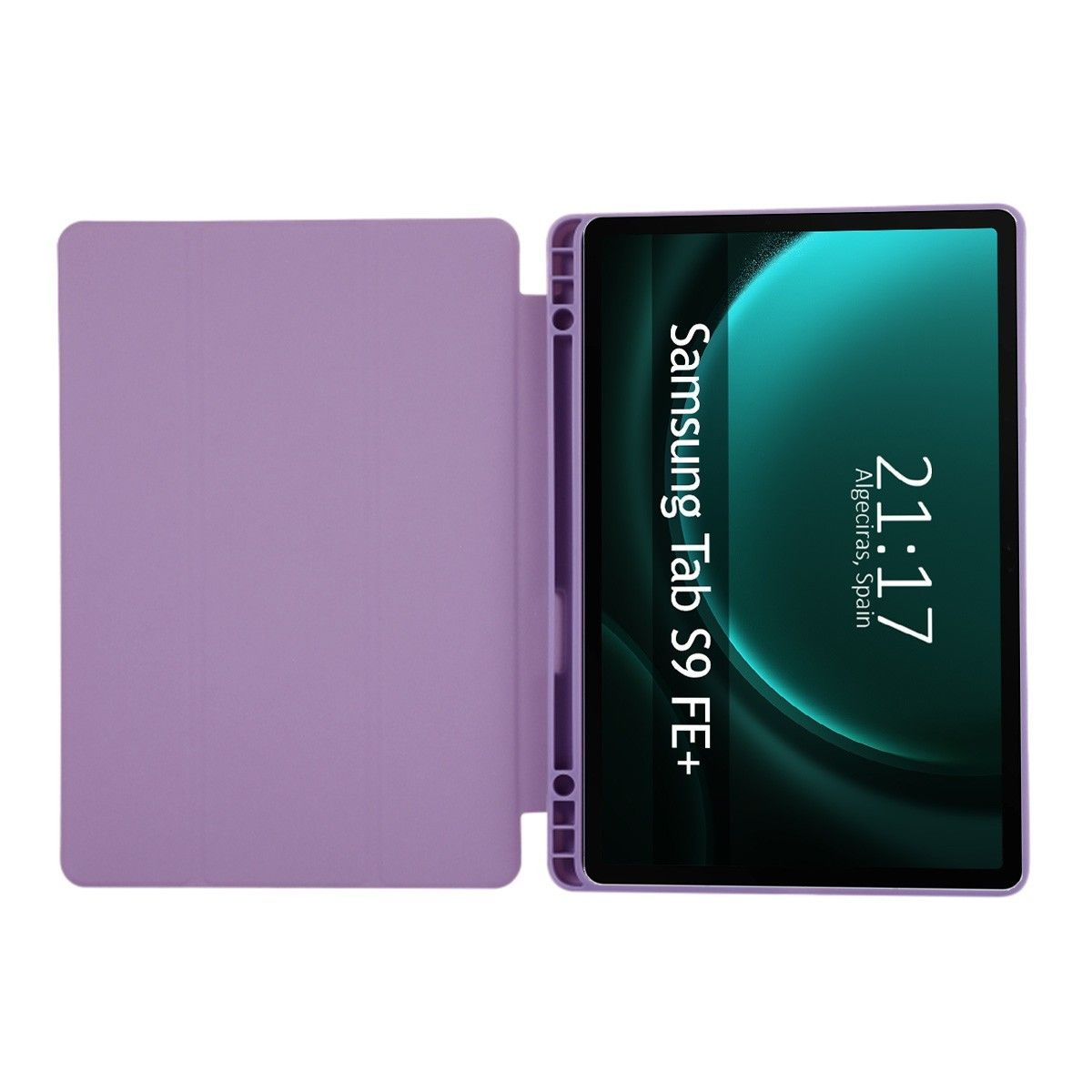Tableta morada con una funda morada abierta. La pantalla dice 'Samsung Tab S9 FE+'.
