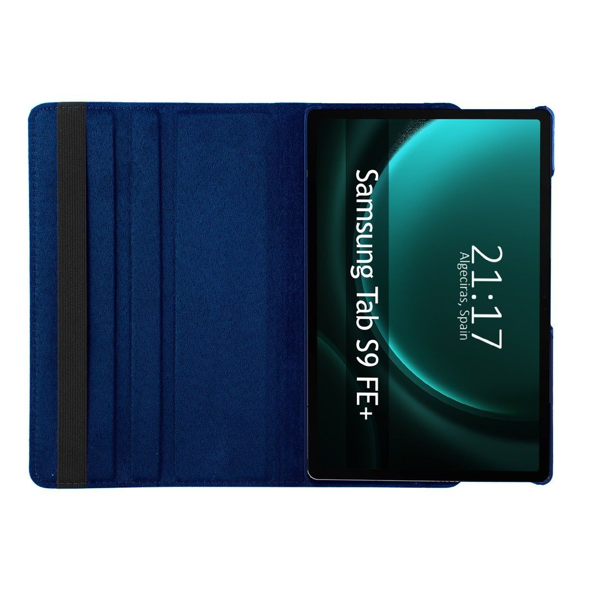 Tableta en una funda azul, la pantalla muestra texto.