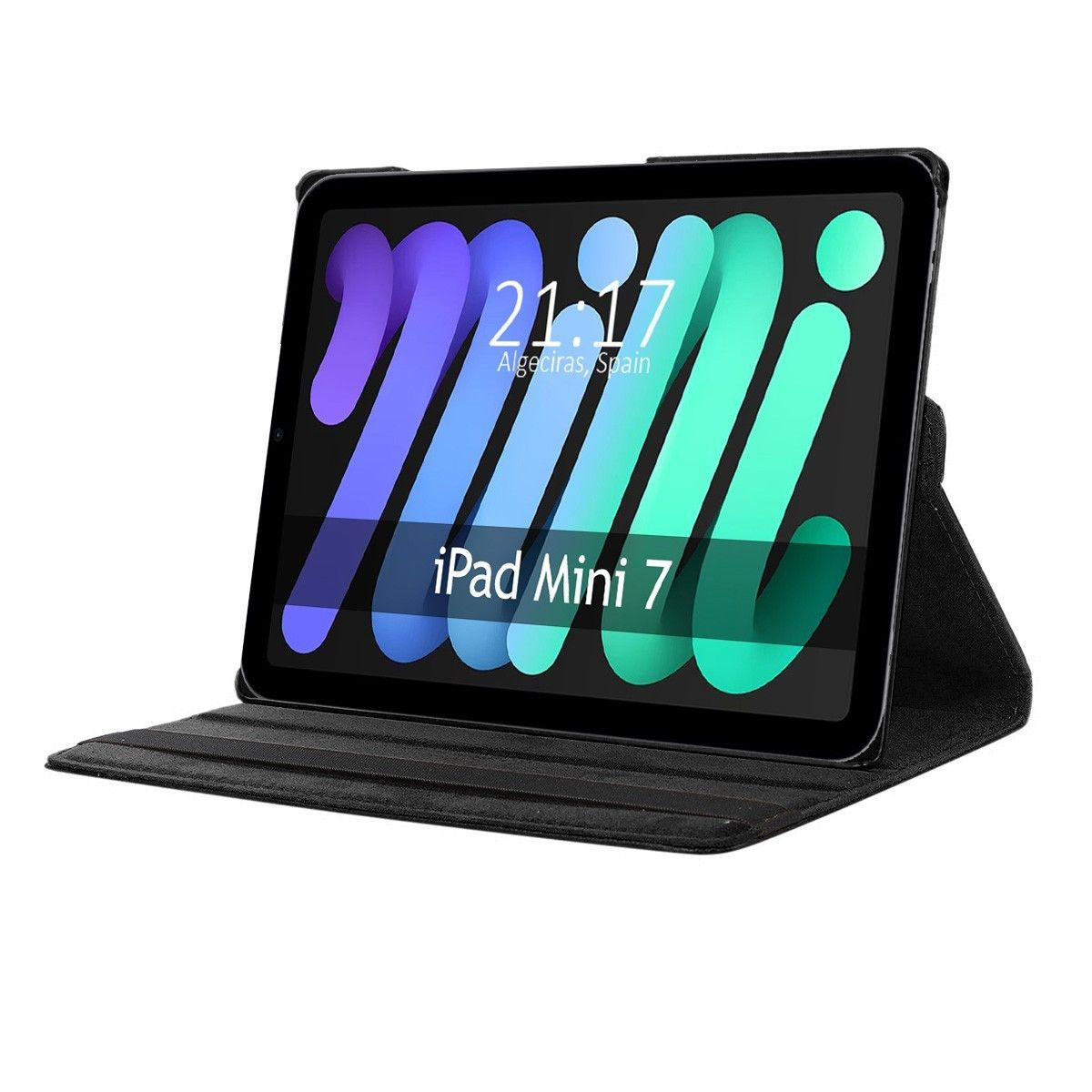 Funda de tableta negra con una tableta dentro. La pantalla de la tableta muestra la hora, la fecha y el iPad Mini 7.